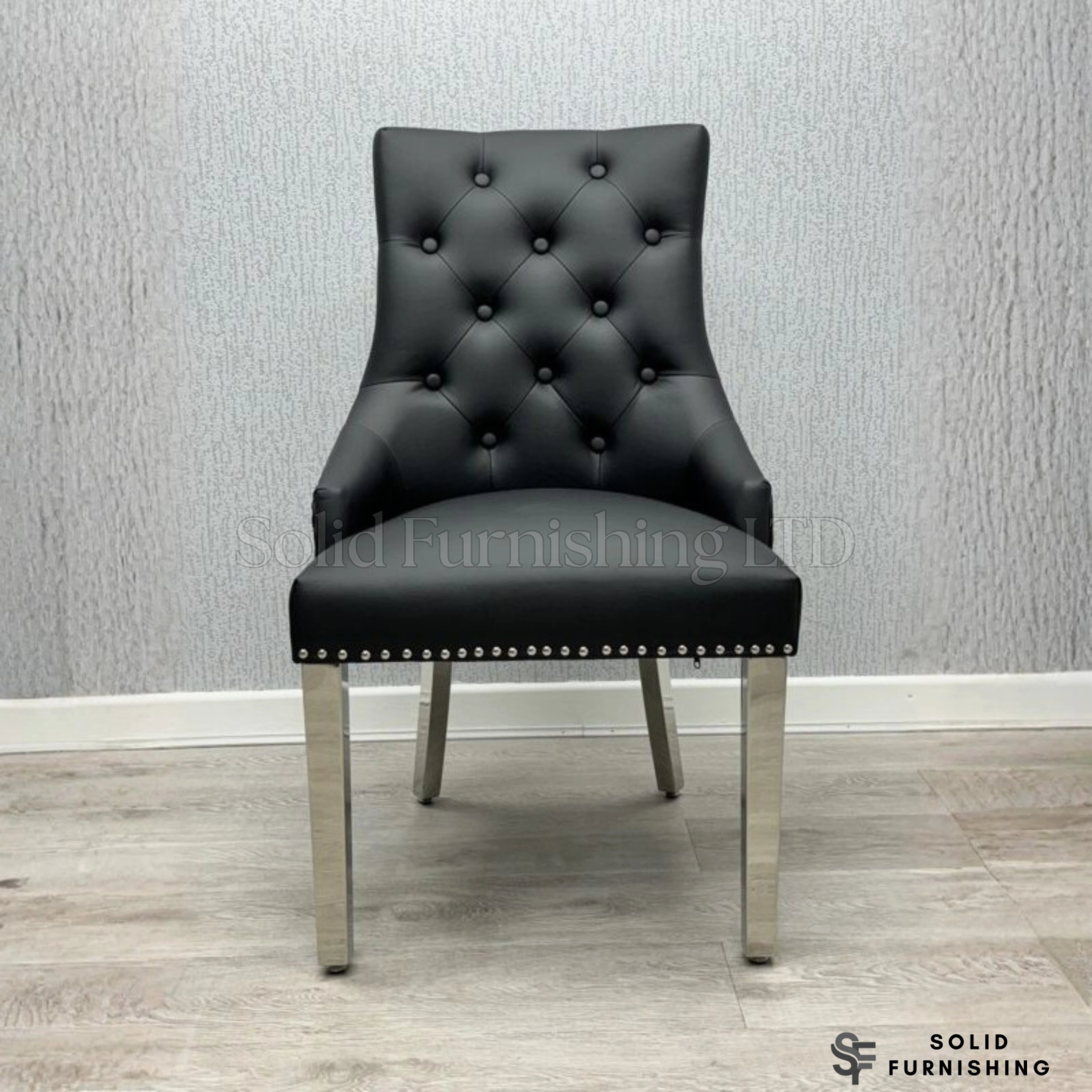 Majestic PU Leather Lion Knocker Dining Chairs – Black, Cream or Grey with Chrome Legs (Set of 2)