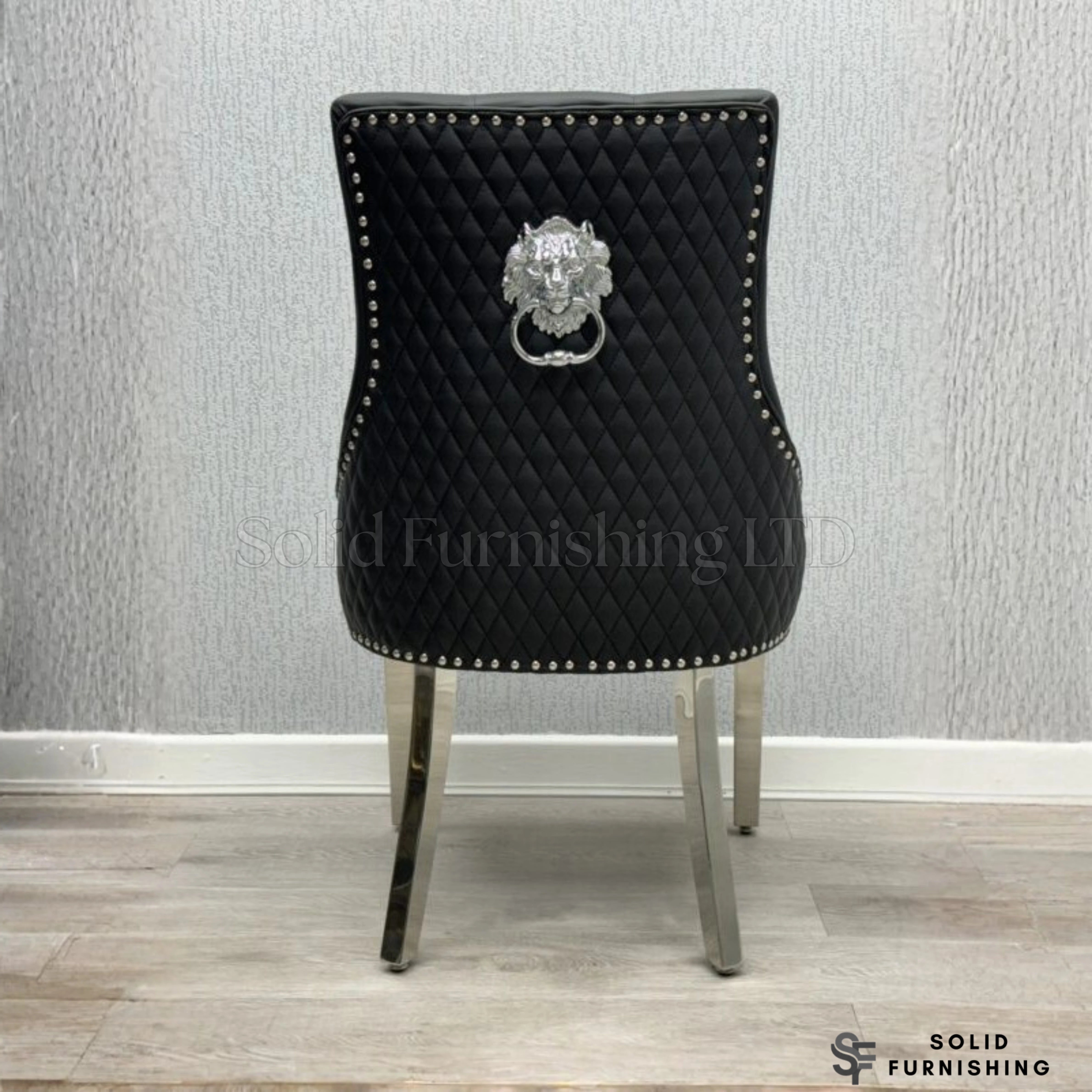 Majestic PU Leather Lion Knocker Dining Chairs – Black, Cream or Grey with Chrome Legs (Set of 2)