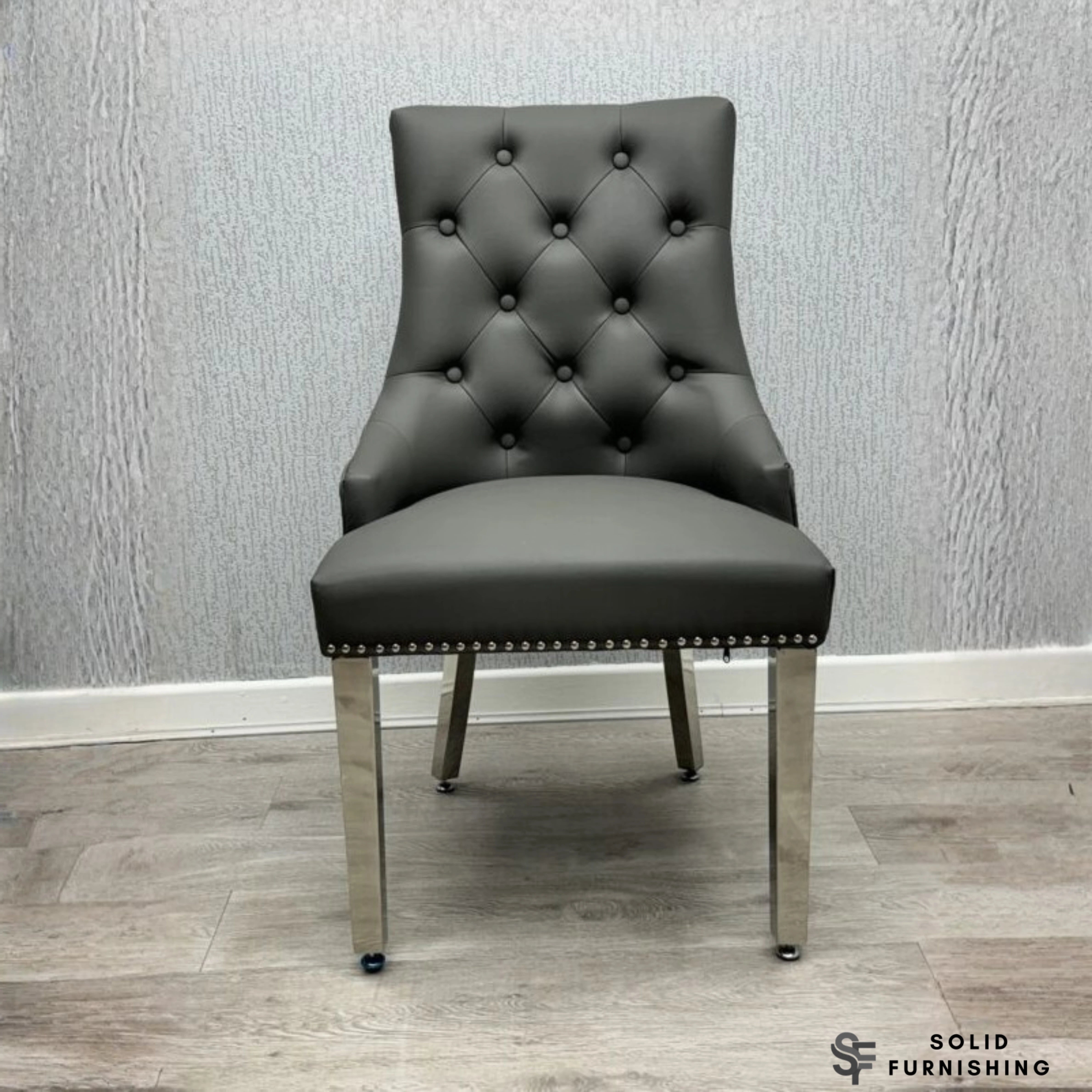Majestic PU Leather Lion Knocker Dining Chairs – Black, Cream or Grey with Chrome Legs (Set of 2)