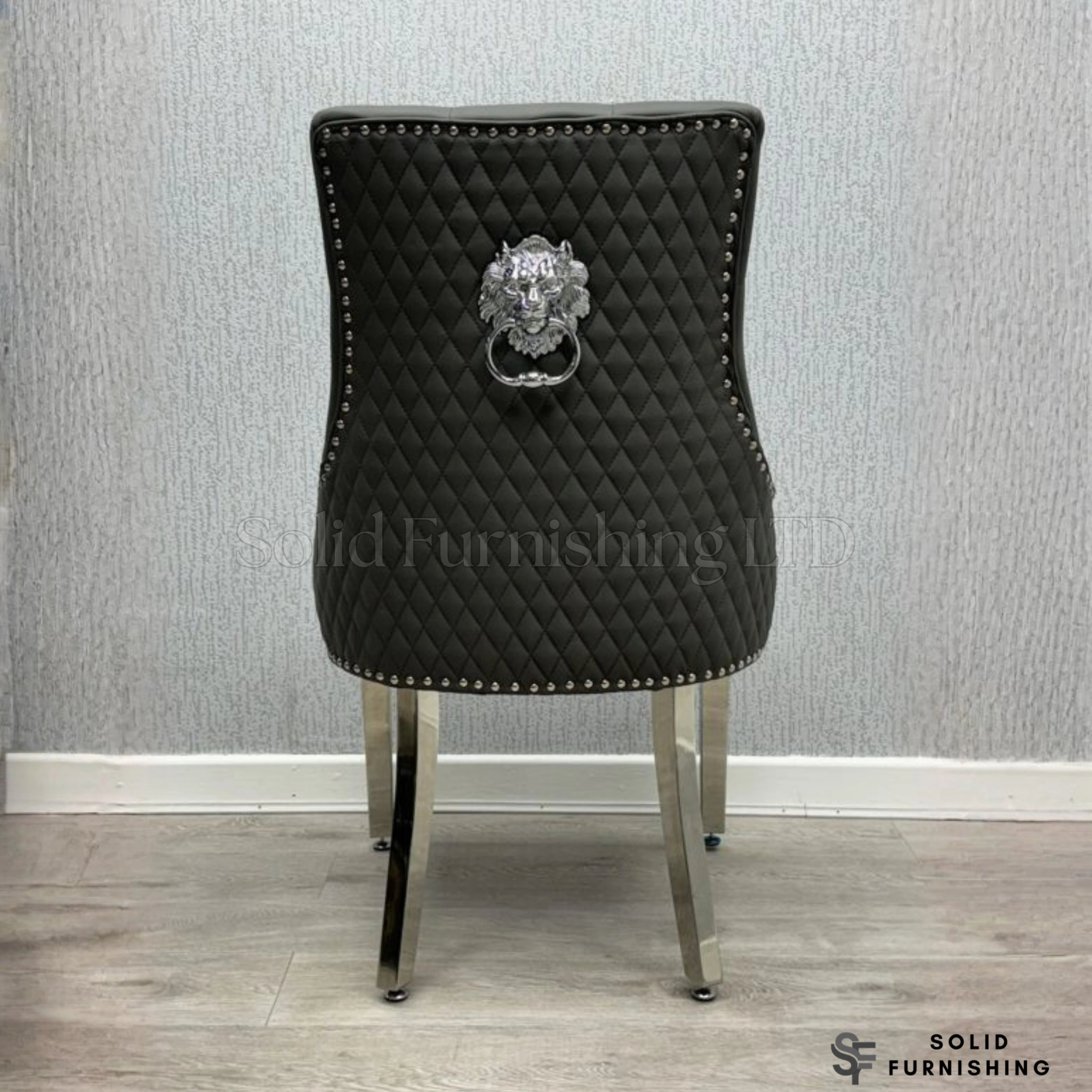Majestic PU Leather Lion Knocker Dining Chairs – Black, Cream or Grey with Chrome Legs (Set of 2)