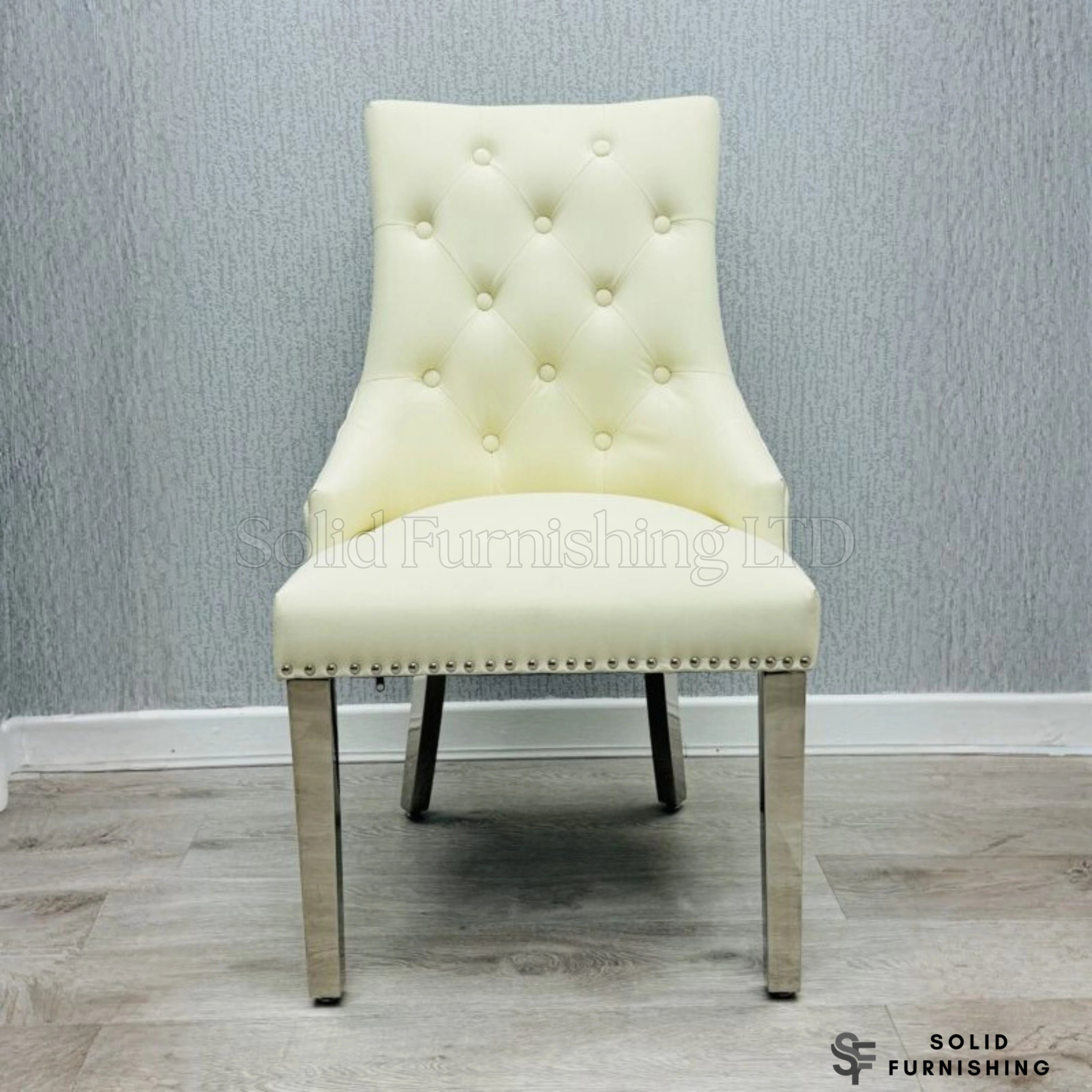 Majestic PU Leather Lion Knocker Dining Chairs – Black, Cream or Grey with Chrome Legs (Set of 2)