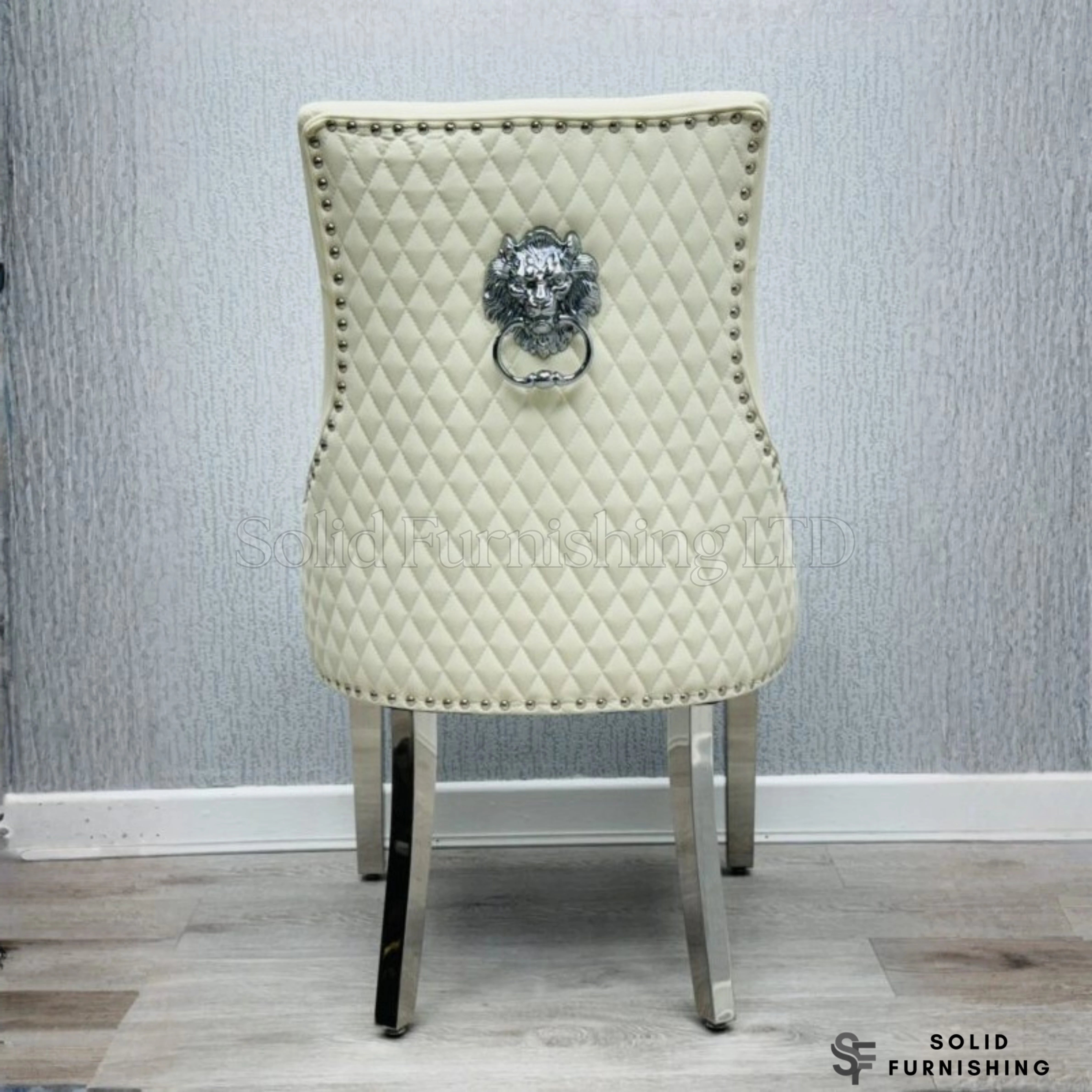 Majestic PU Leather Lion Knocker Dining Chairs – Black, Cream or Grey with Chrome Legs (Set of 2)