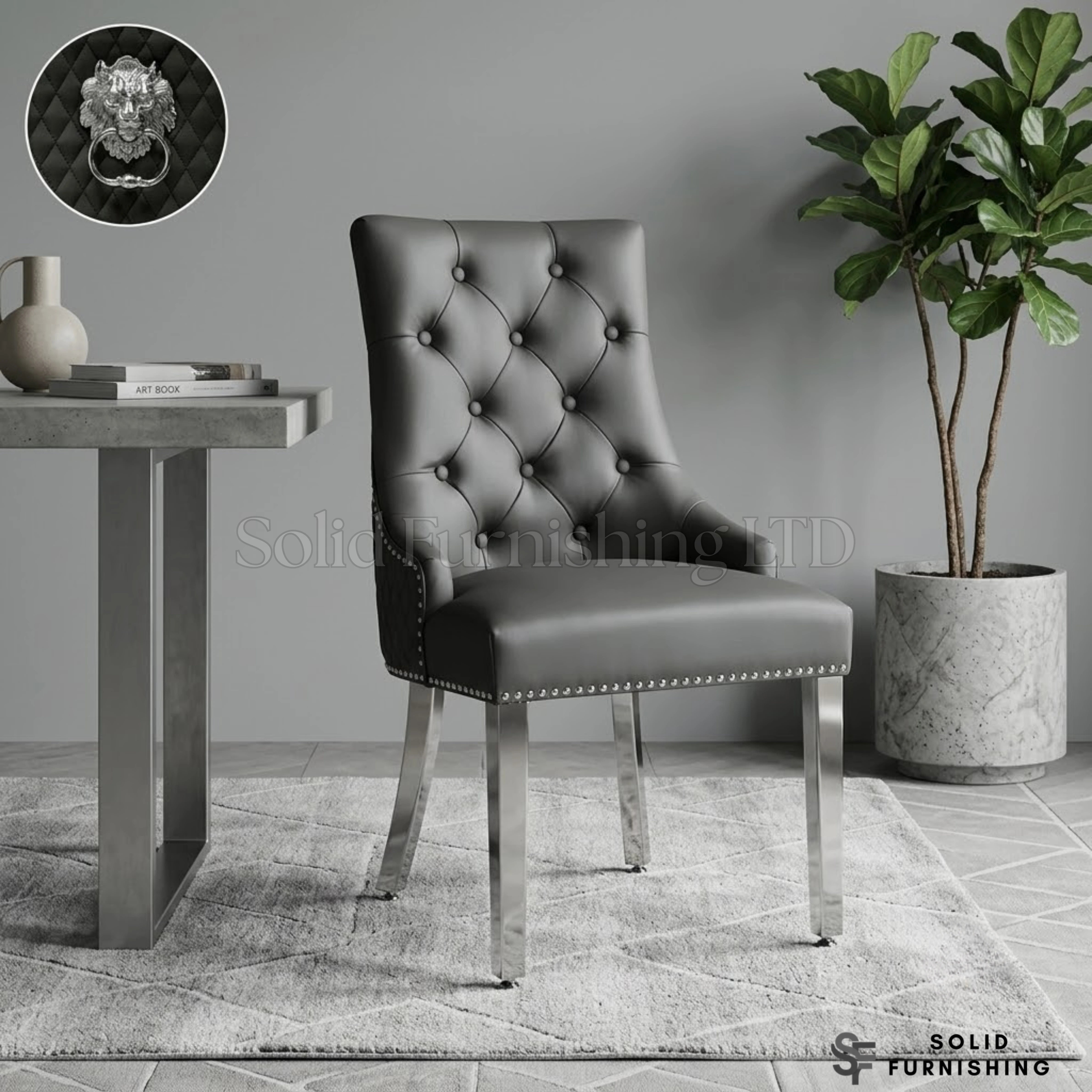 Majestic PU Leather Lion Knocker Dining Chairs – Black, Cream or Grey with Chrome Legs (Set of 2)