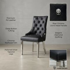 Majestic PU Leather Lion Knocker Dining Chairs – Black, Cream or Grey with Chrome Legs (Set of 2)