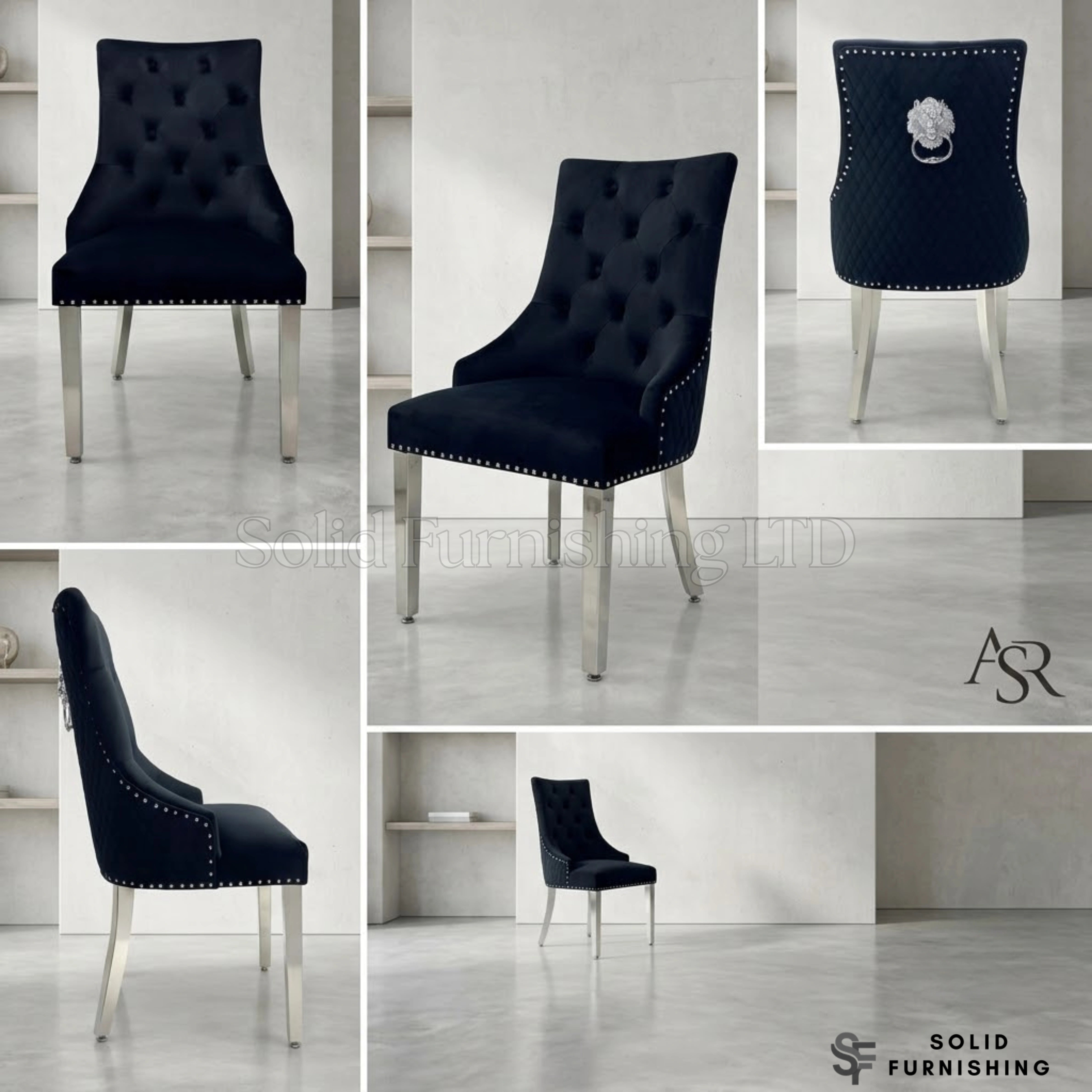Majestic Plush Velvet Lion Knocker Dining Chairs – Navy, Dark Grey, Mink and Black With Silver Legs (Set of 2)