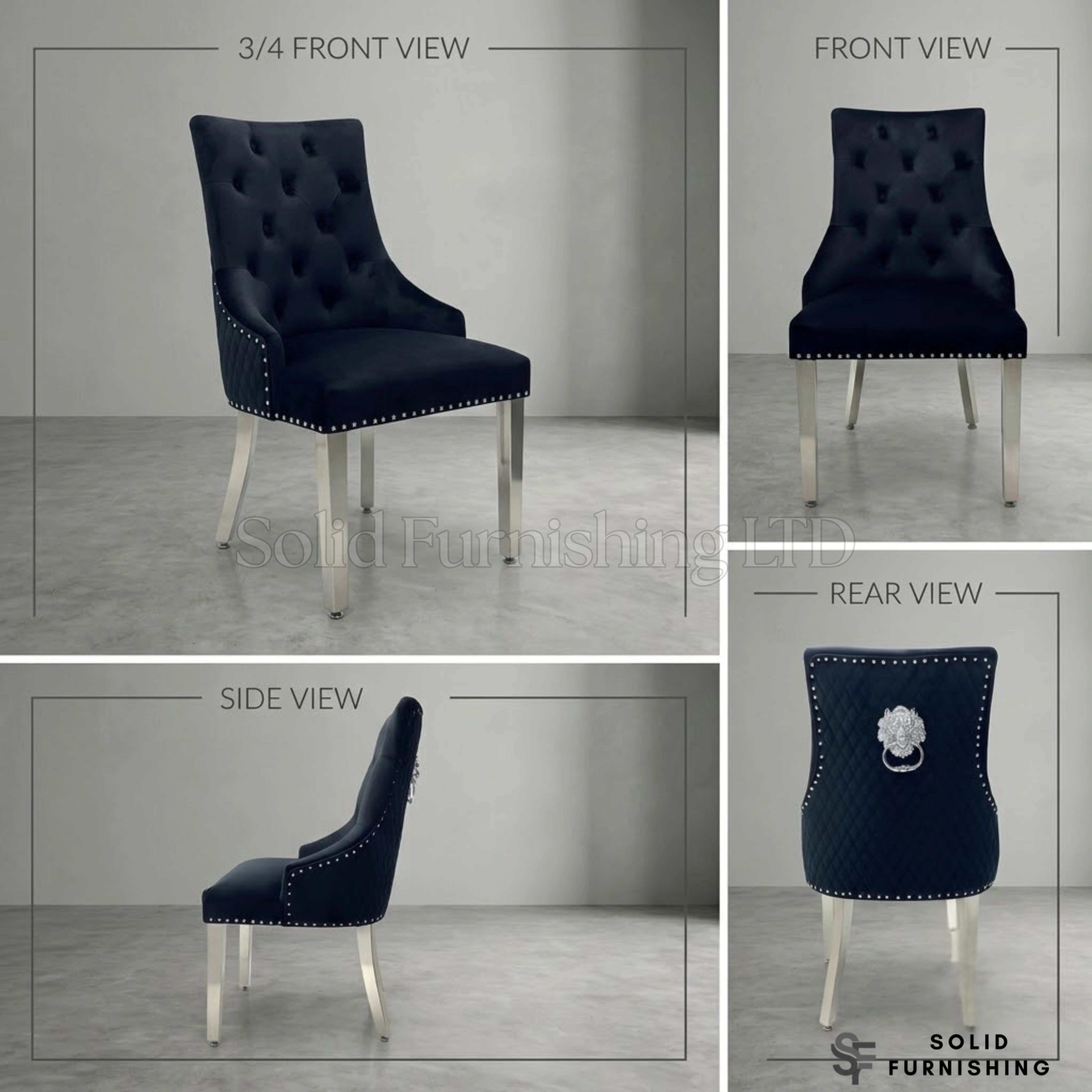 Majestic Plush Velvet Lion Knocker Dining Chairs – Navy, Dark Grey, Mink and Black With Silver Legs (Set of 2)
