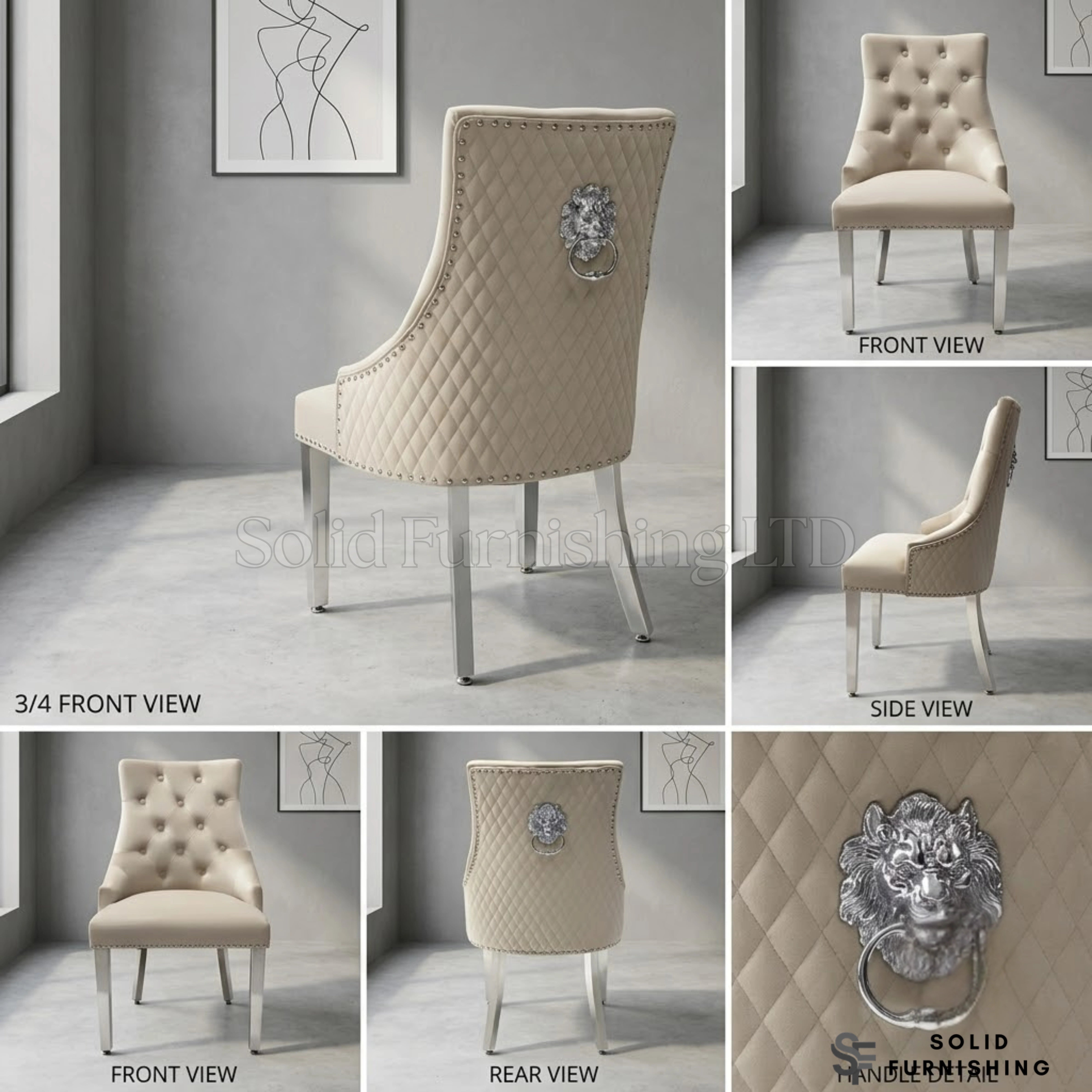 Majestic Plush Velvet Lion Knocker Dining Chairs – Navy, Dark Grey, Mink and Black With Silver Legs (Set of 2)