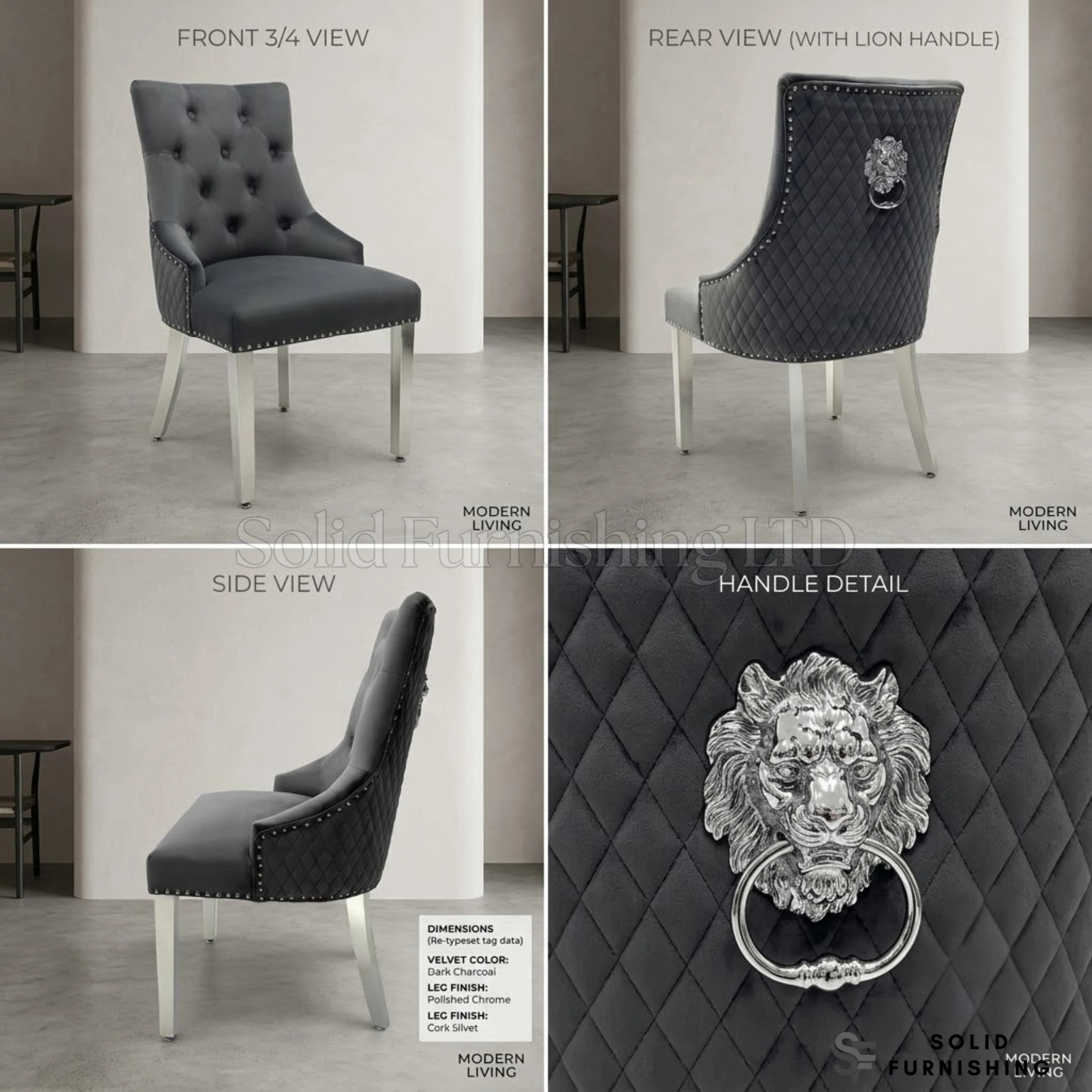 Majestic Plush Velvet Lion Knocker Dining Chairs – Navy, Dark Grey, Mink and Black With Silver Legs (Set of 2)