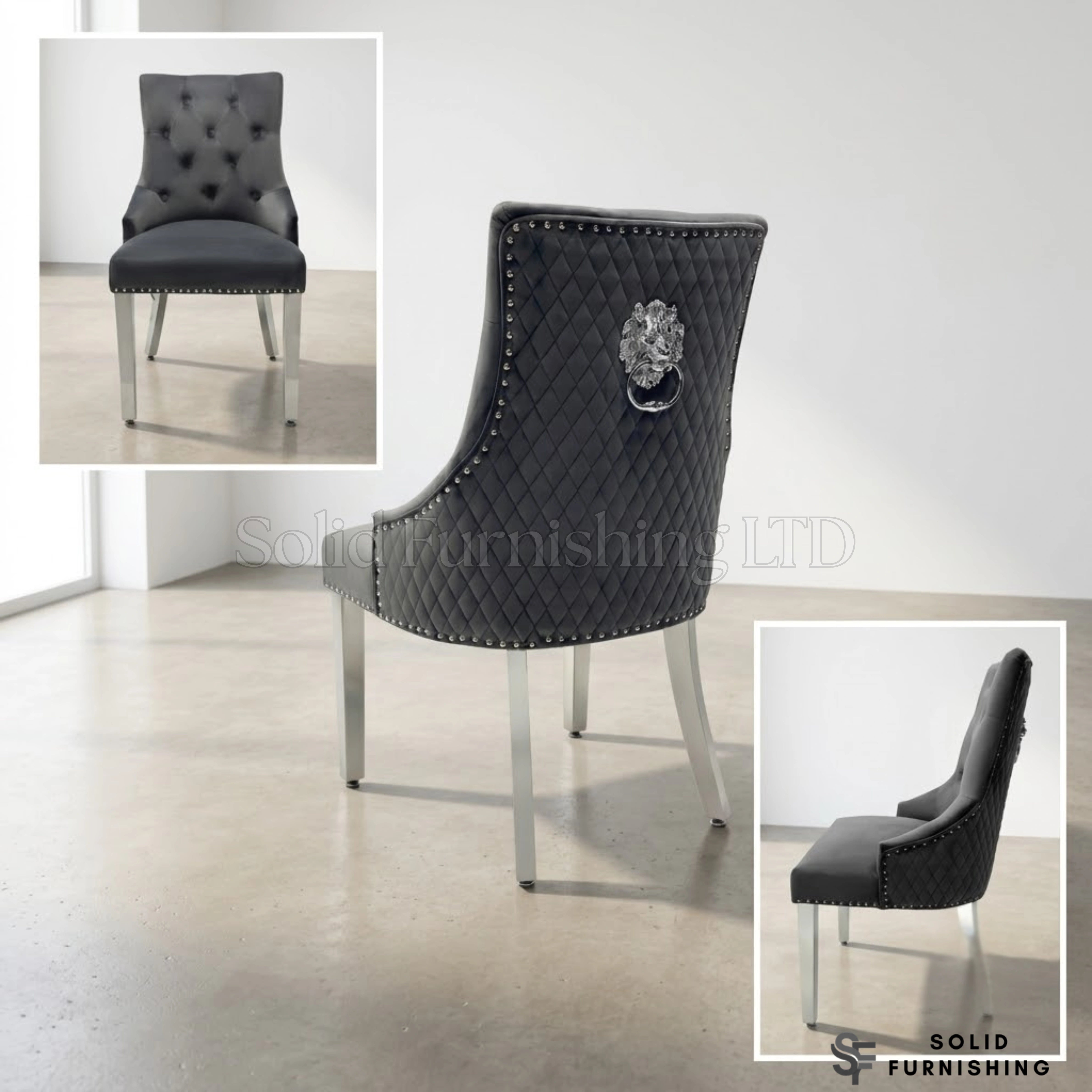 Majestic Plush Velvet Lion Knocker Dining Chairs – Navy, Dark Grey, Mink and Black With Silver Legs (Set of 2)