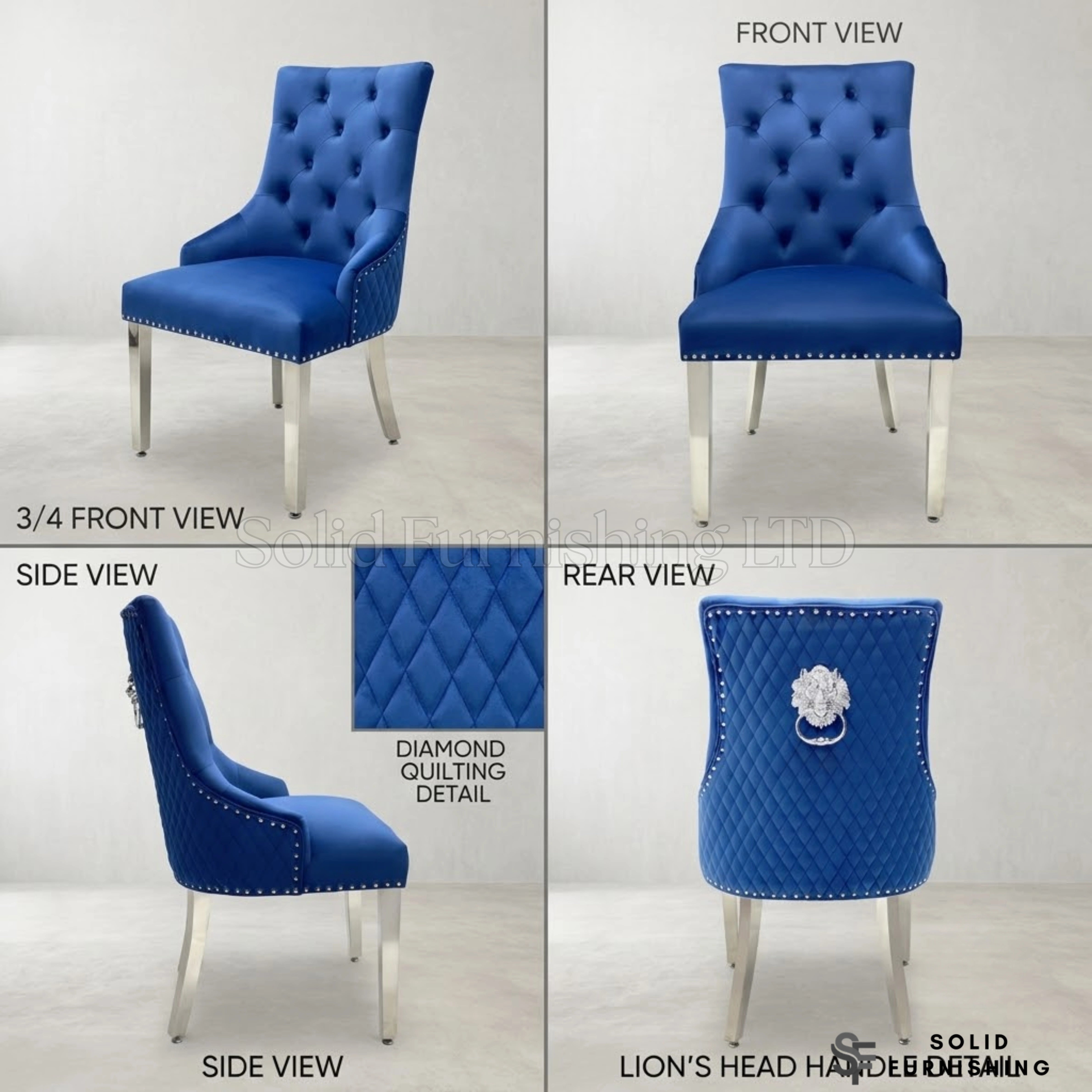 Majestic Plush Velvet Lion Knocker Dining Chairs – Navy, Dark Grey, Mink and Black With Silver Legs (Set of 2)