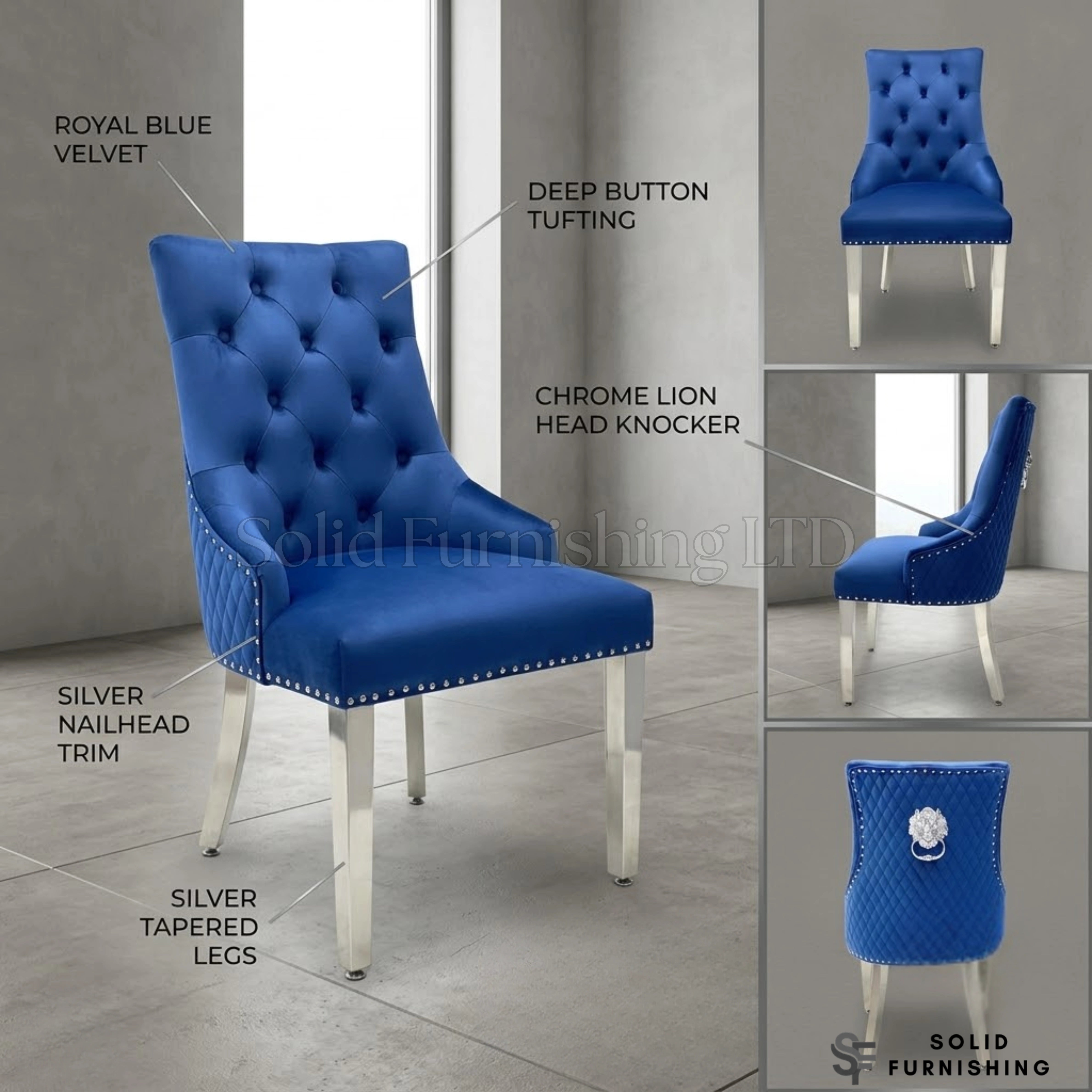 Majestic Plush Velvet Lion Knocker Dining Chairs – Navy, Dark Grey, Mink and Black With Silver Legs (Set of 2)