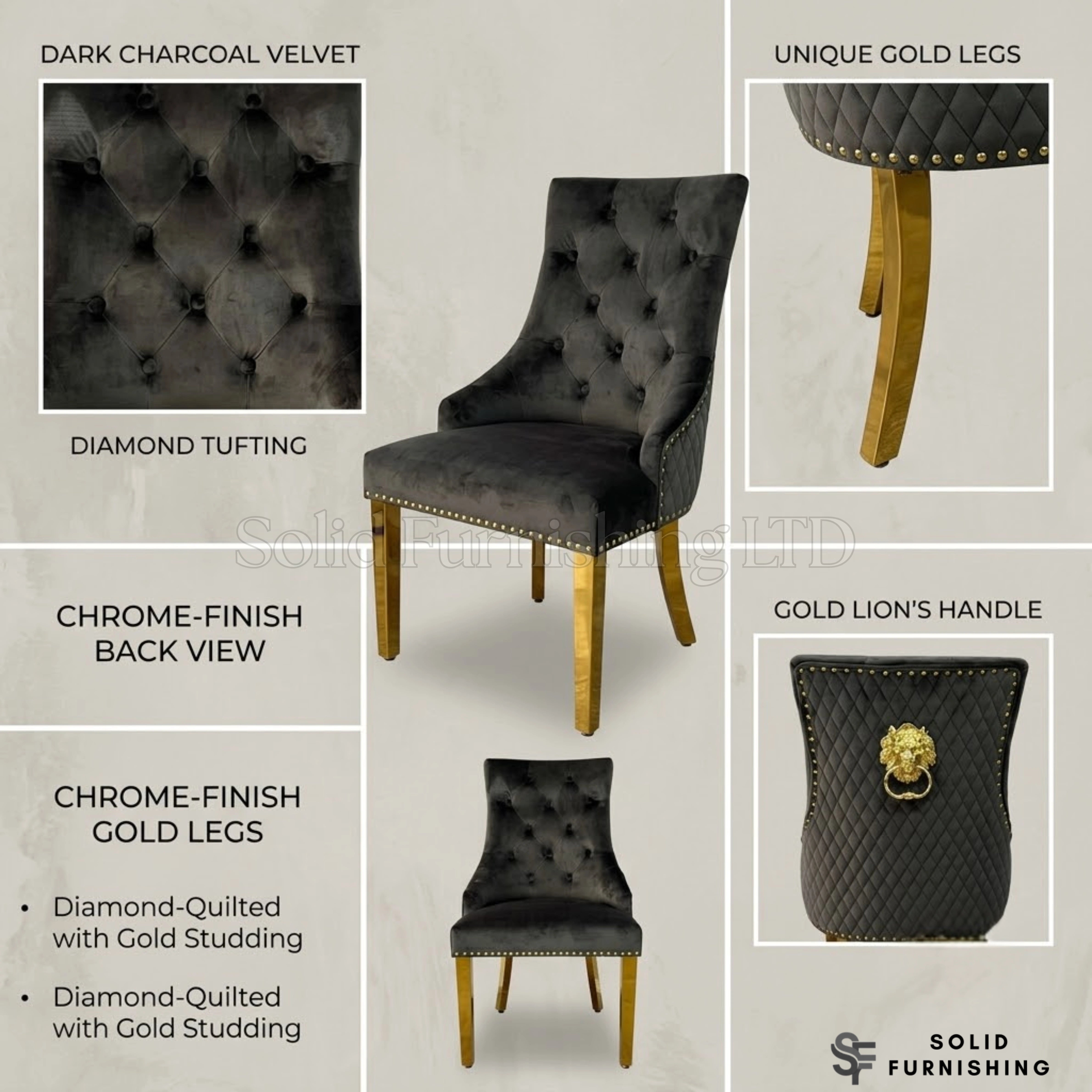 Majestic Plush Velvet Lion Knocker Dining Chairs with Gold Legs – Set of 2