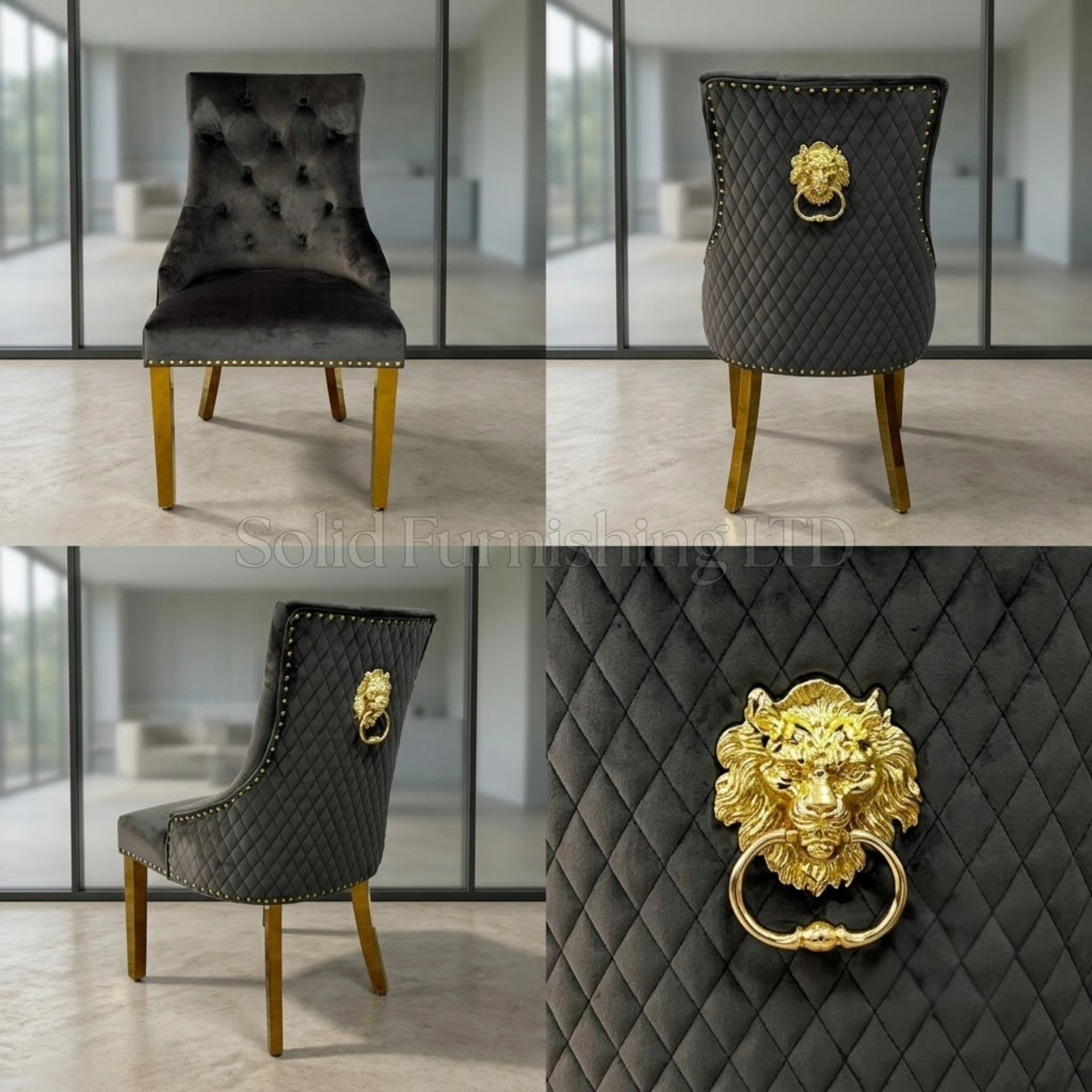 Majestic Plush Velvet Lion Knocker Dining Chairs with Gold Legs – Set of 2