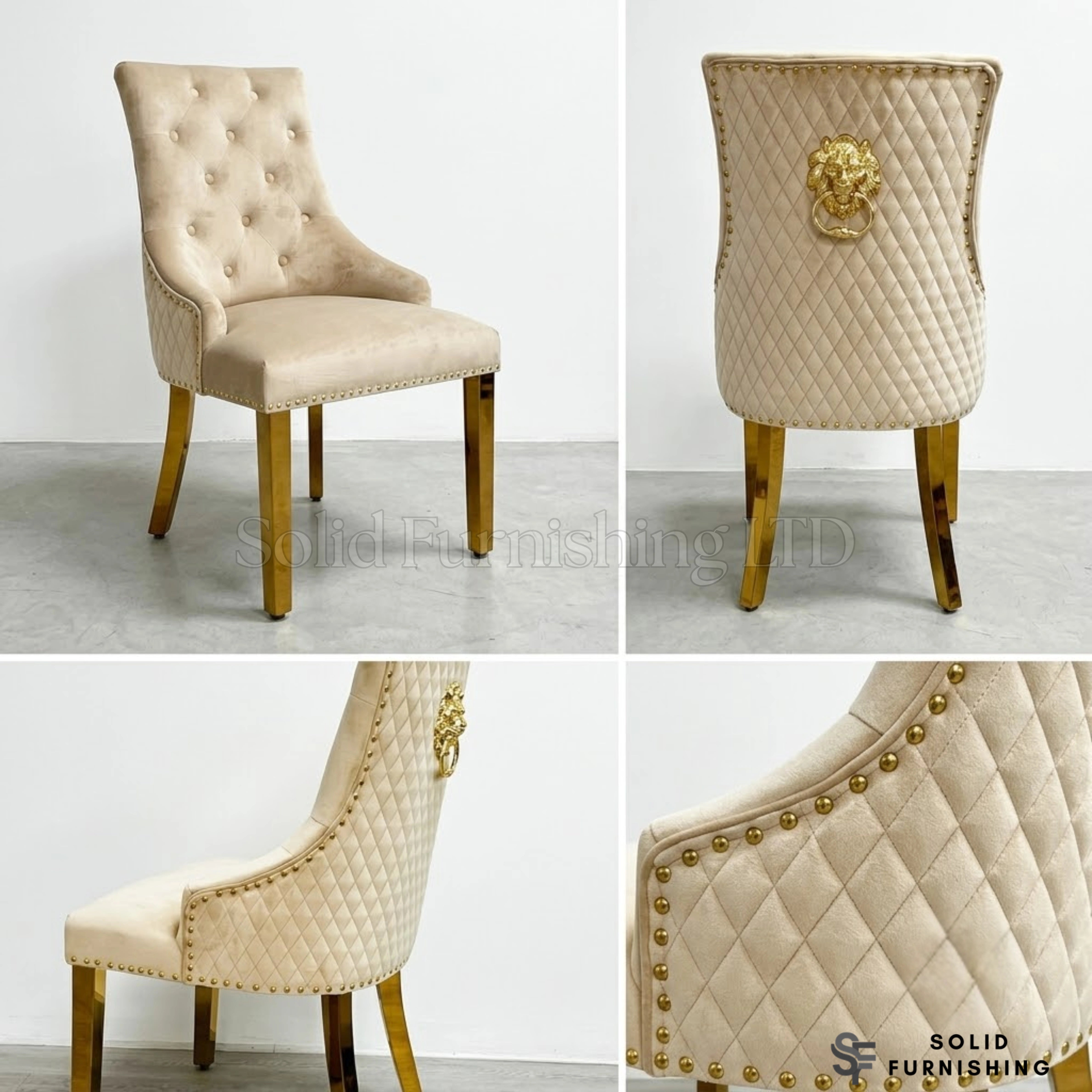 Majestic Plush Velvet Lion Knocker Dining Chairs with Gold Legs – Set of 2