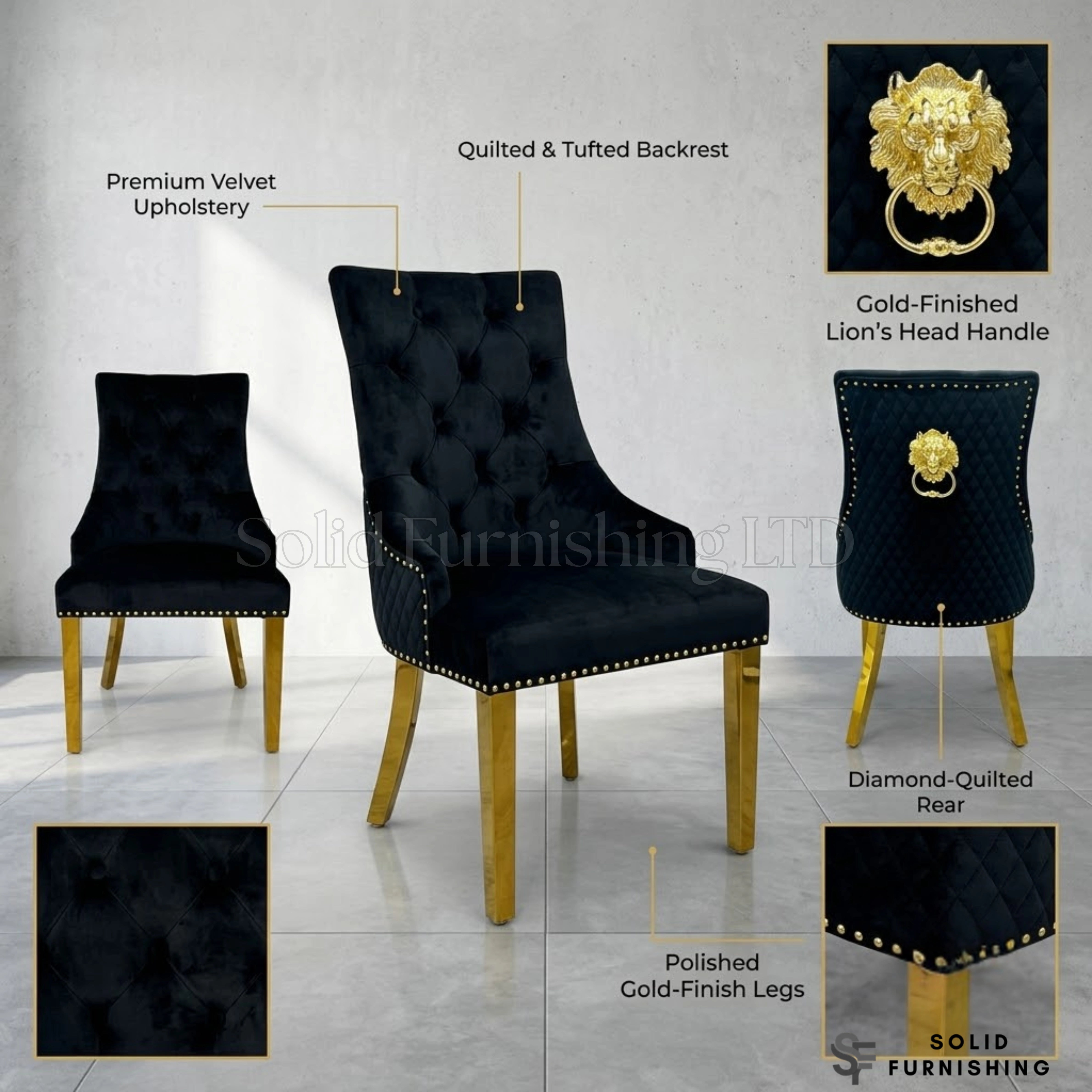 Majestic Plush Velvet Lion Knocker Dining Chairs with Gold Legs – Set of 2
