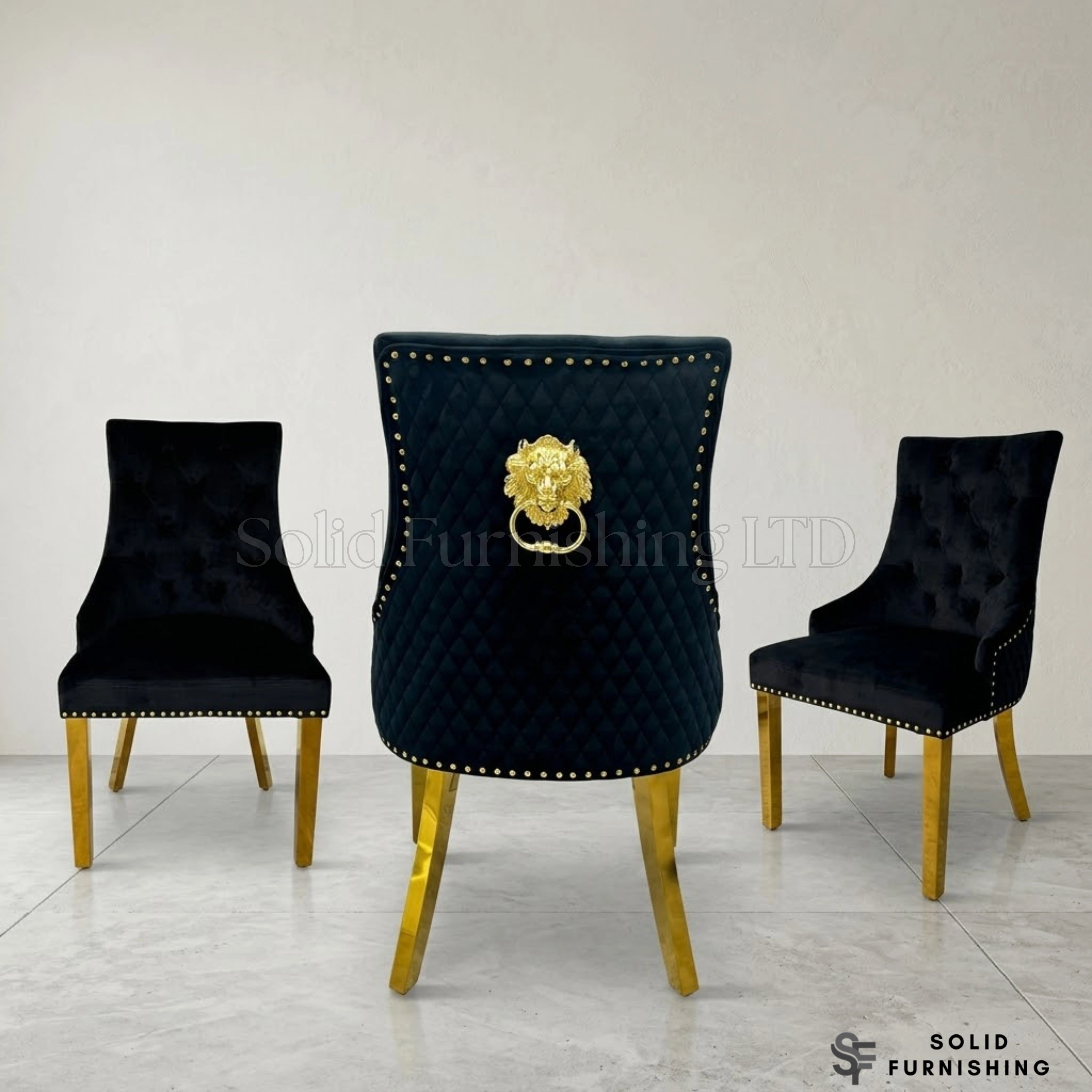 Majestic Plush Velvet Lion Knocker Dining Chairs with Gold Legs – Set of 2