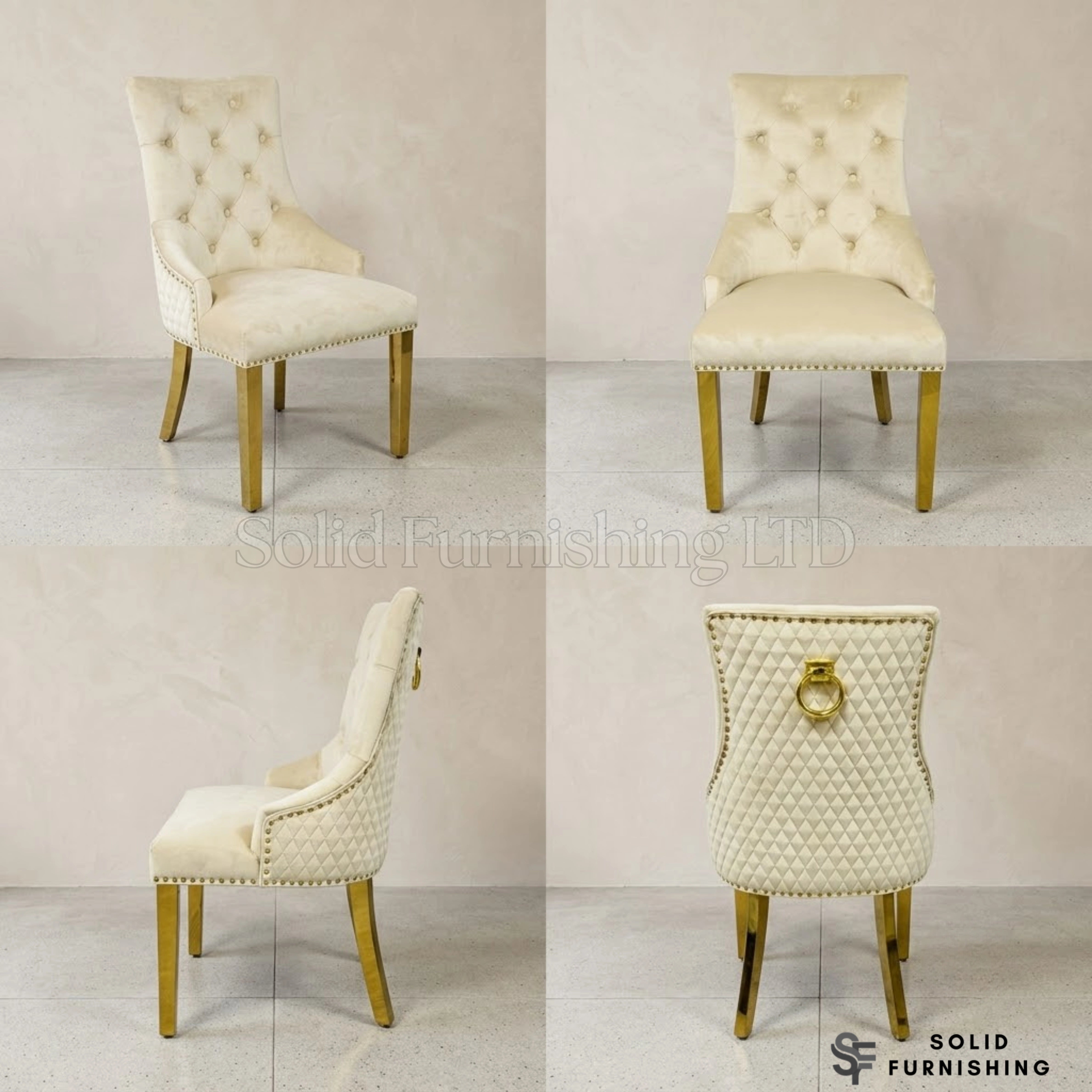 Majestic Velvet Ring Knocker Dining Chairs – Black or Mink With Gold Legs (Set of 2)