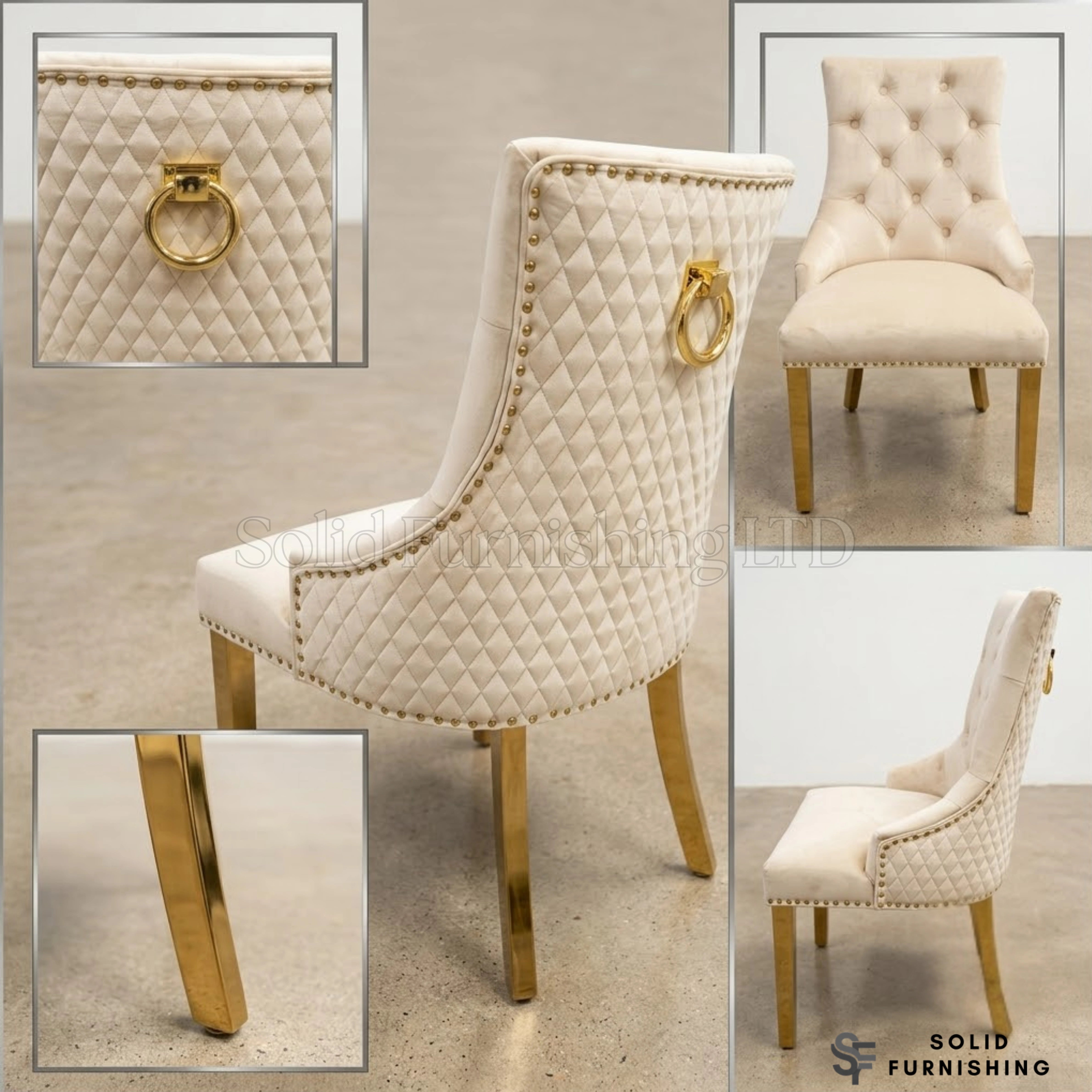 Majestic Velvet Ring Knocker Dining Chairs – Black or Mink With Gold Legs (Set of 2)