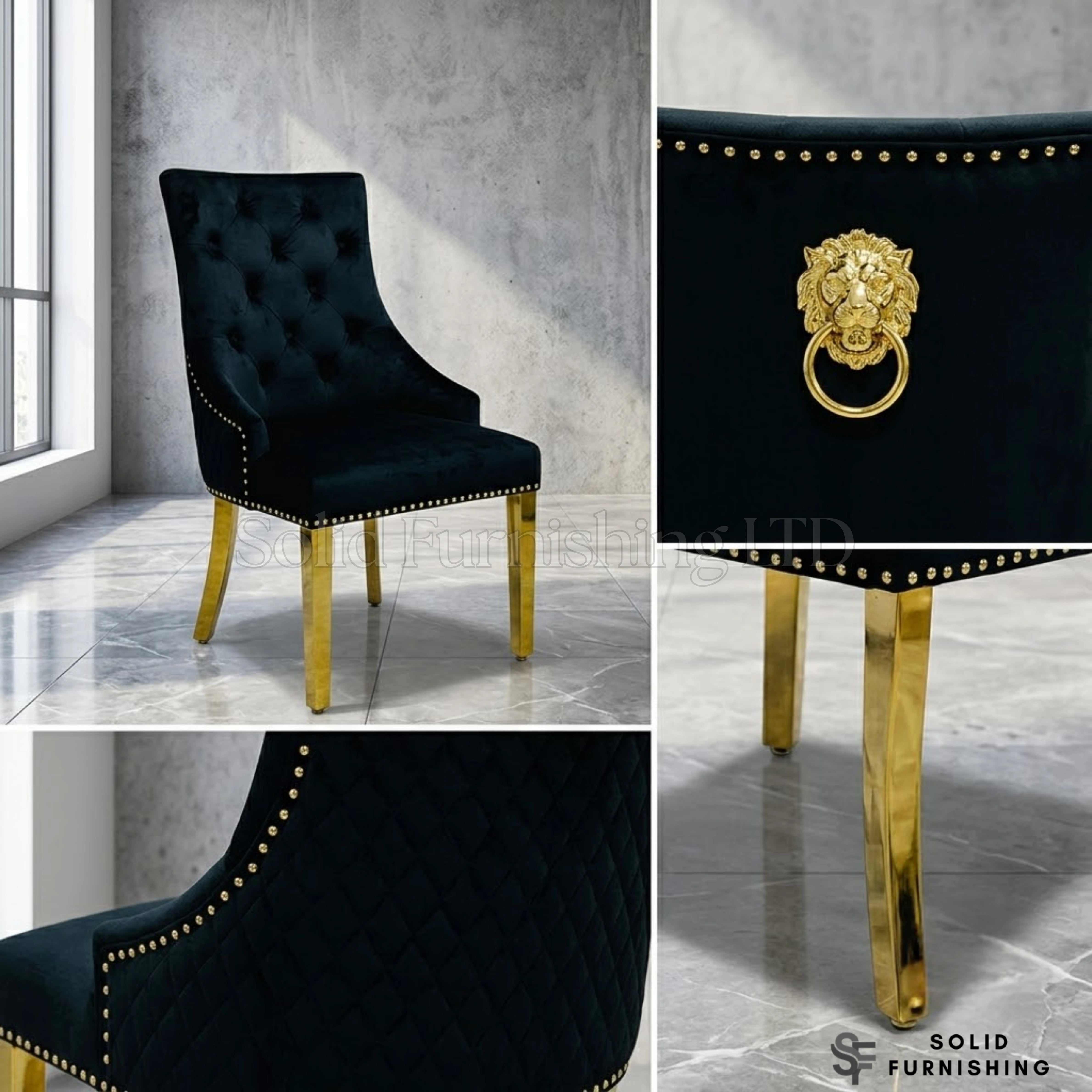 Majestic Velvet Ring Knocker Dining Chairs – Black or Mink With Gold Legs (Set of 2)