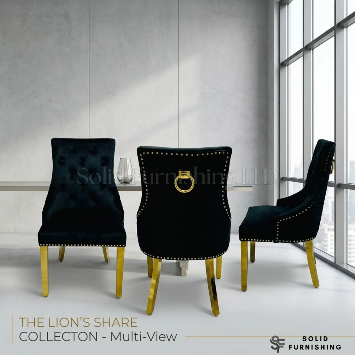 Majestic Velvet Ring Knocker Dining Chairs – Black or Mink With Gold Legs (Set of 2)