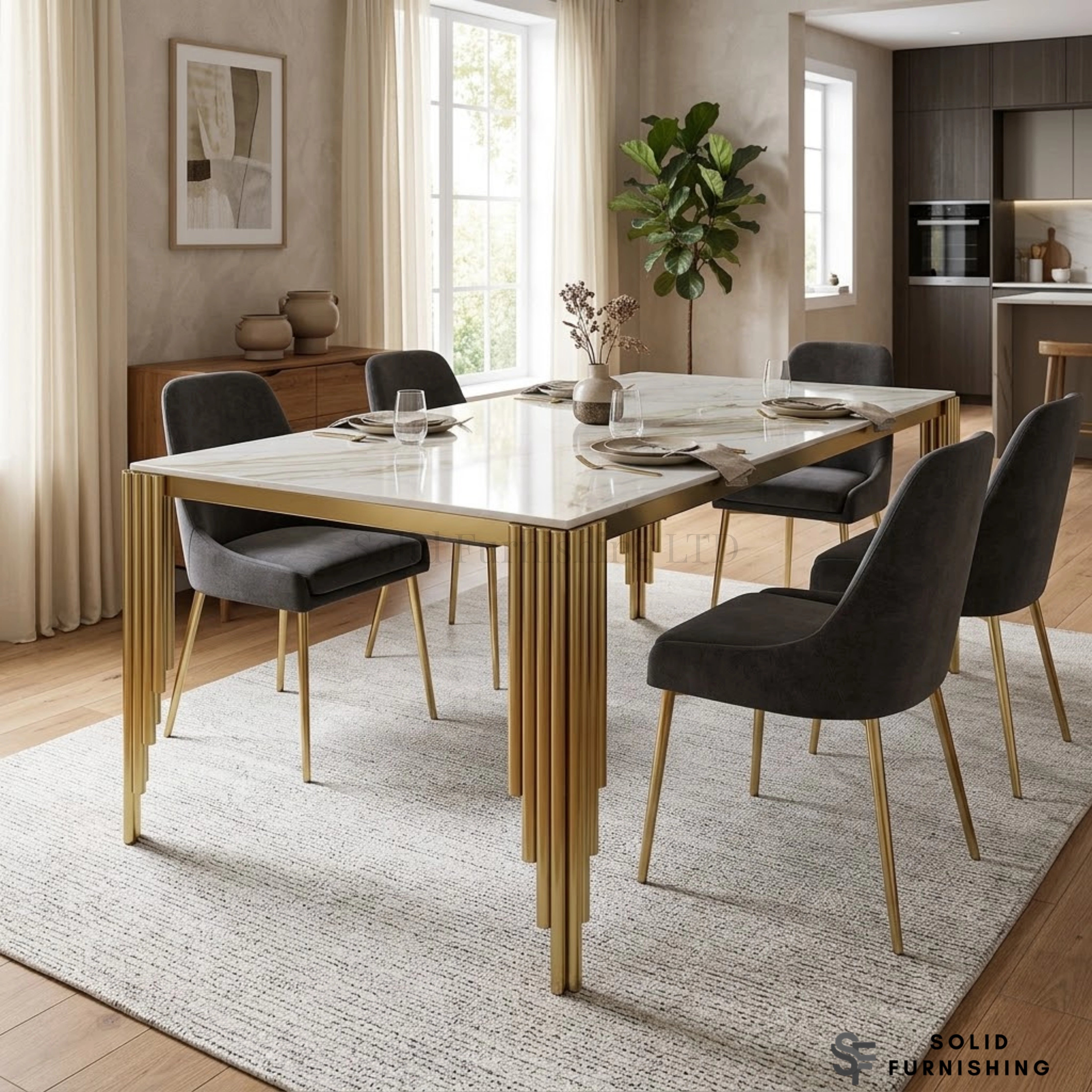 Mayfair Gold Dining Table – 180cm Marble & Ceramic Top with Art Deco Legs
