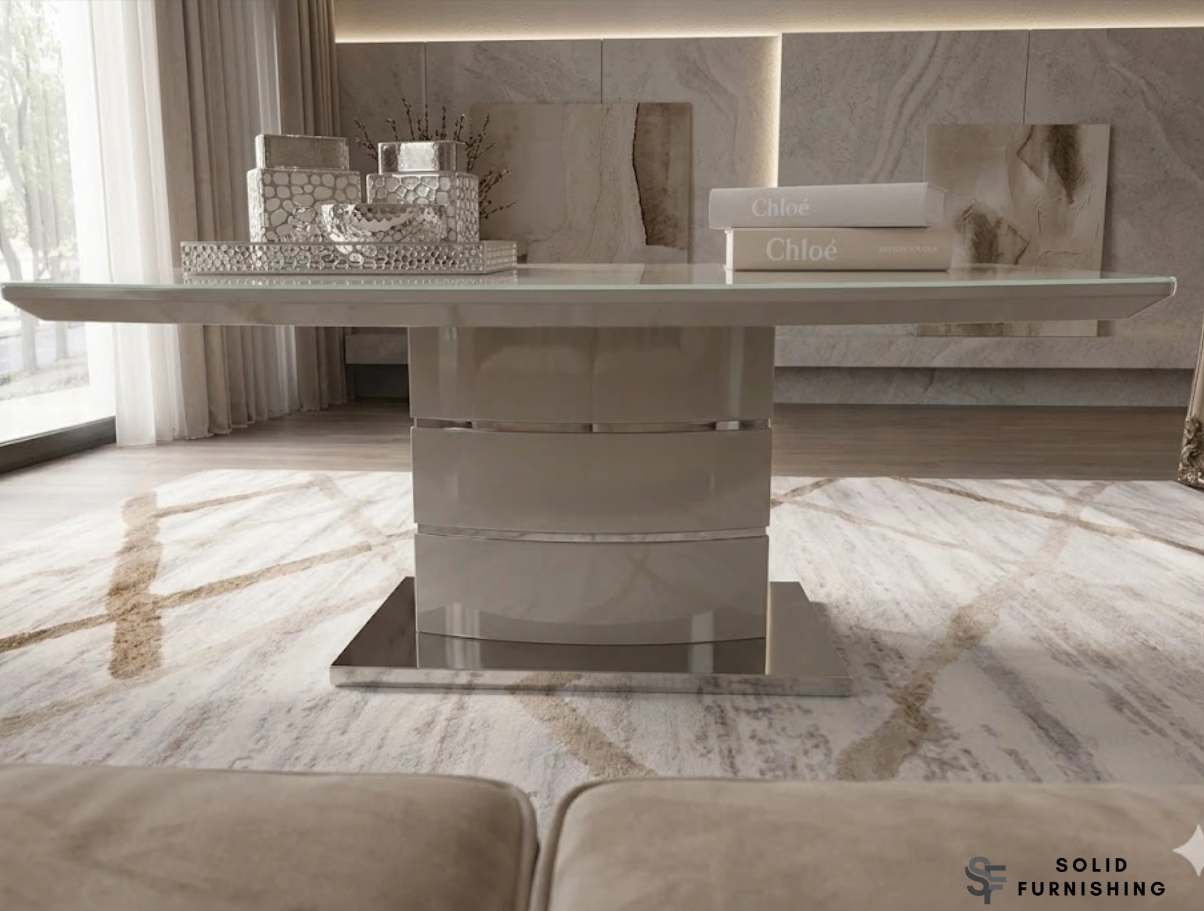 Milan Cappuccino Glass Coffee Table – Warm Neutral Stainless Steel Centre Table