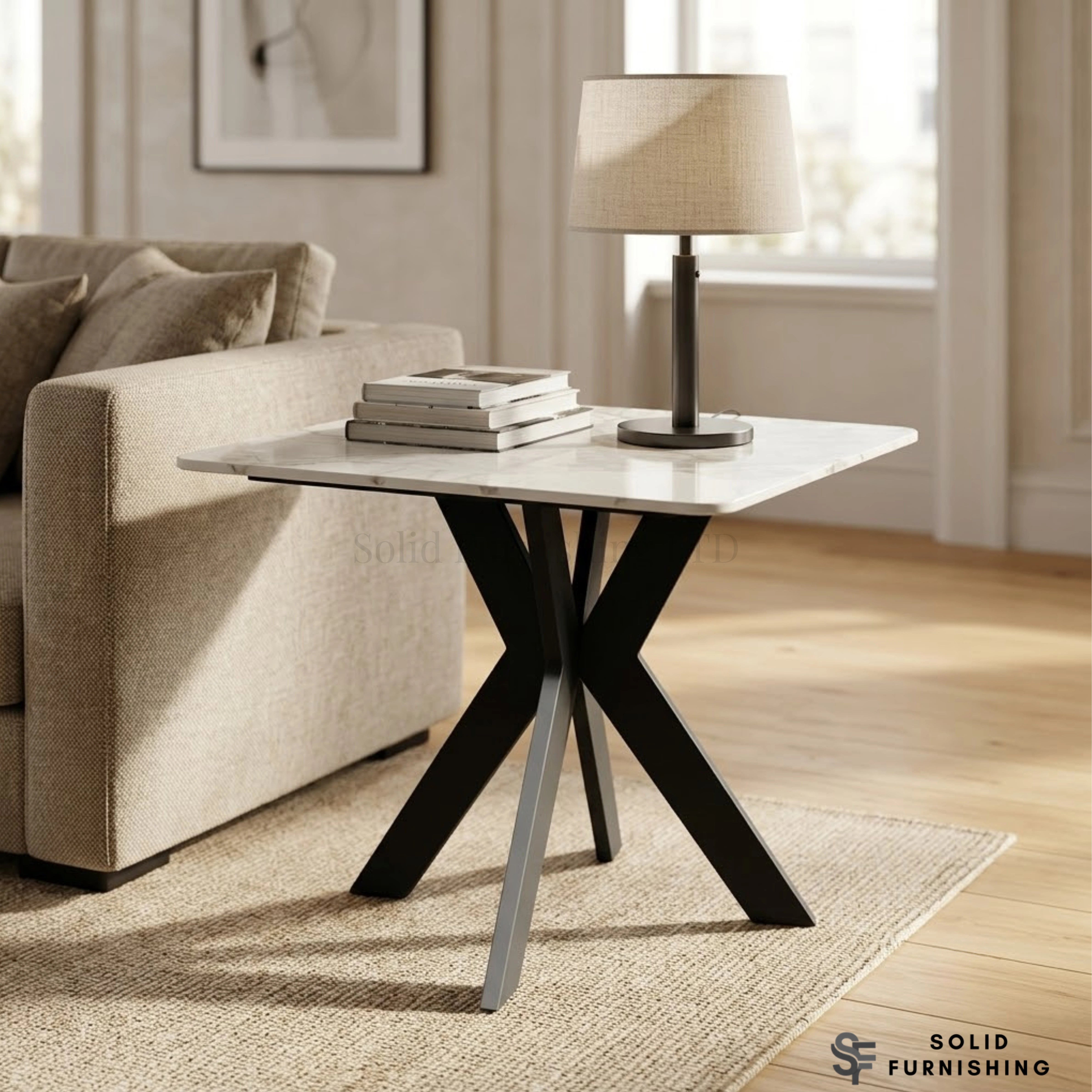 Milan Cream & Grey Ceramic Side Table – Black Cross Base Lamp Table