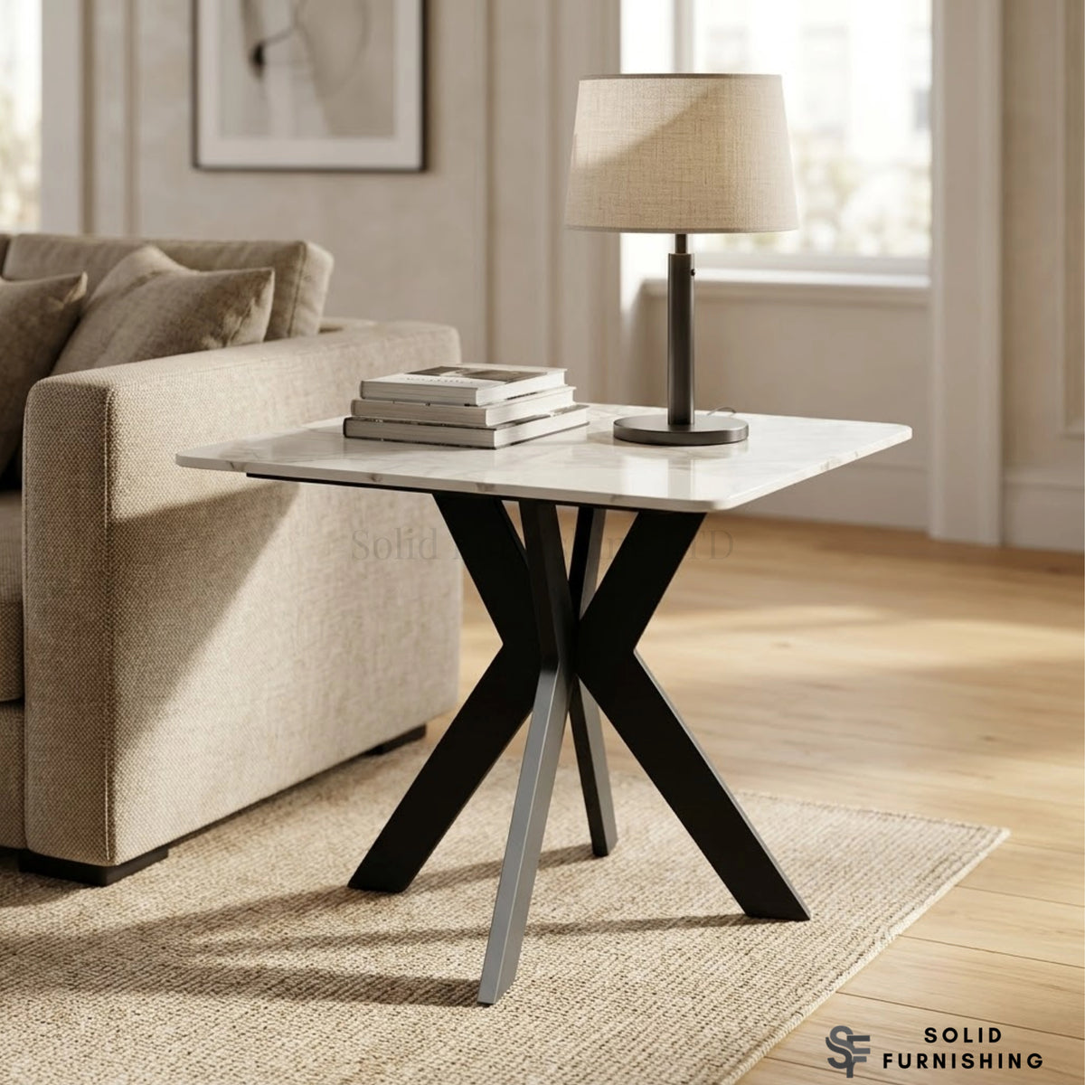 Milan Cream & Grey Ceramic Side Table – Black Cross Base Lamp Table