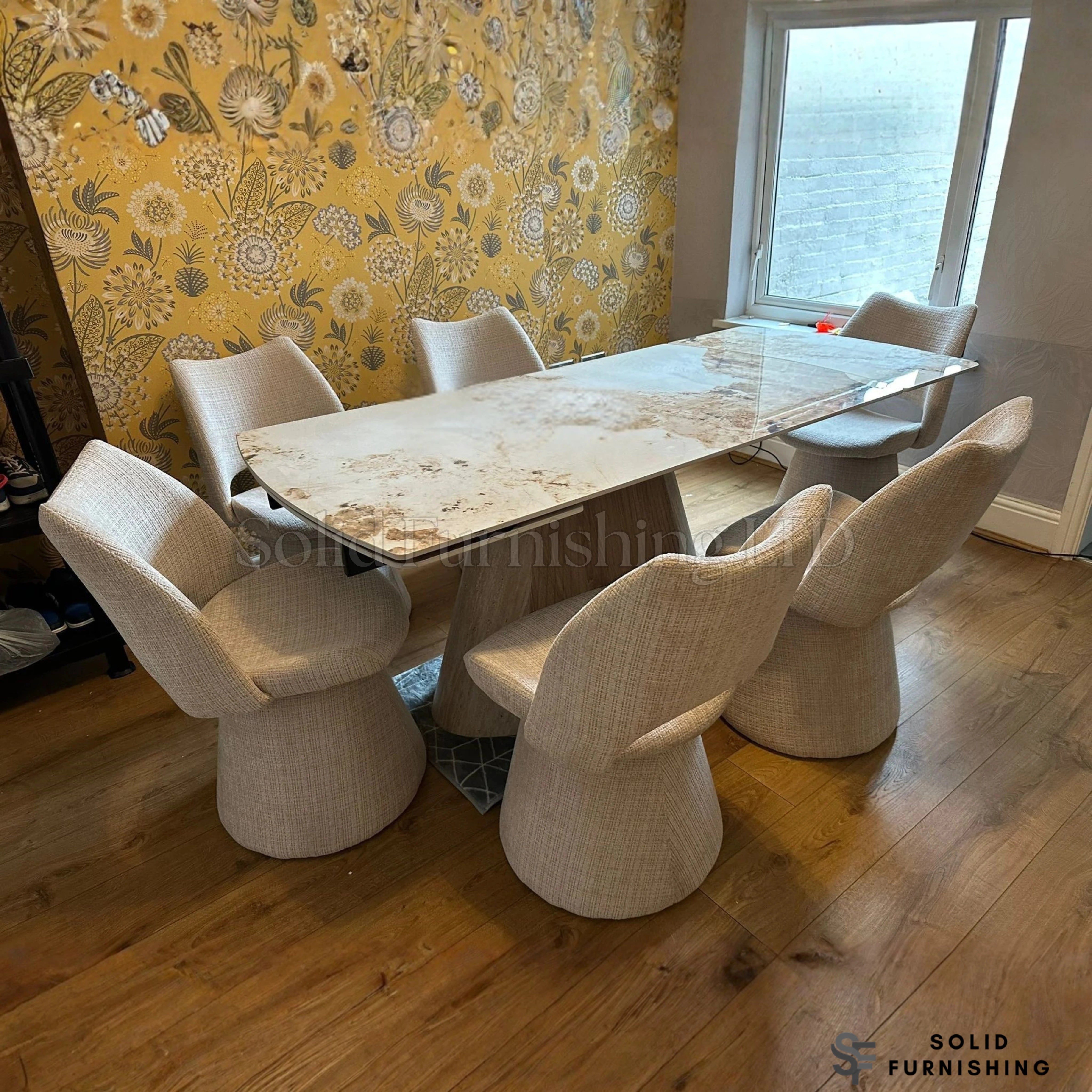 Monaco Pandora Beige Extendable Dining Table Set with Maryland 360° Swivel Chairs – Sintered Stone Table