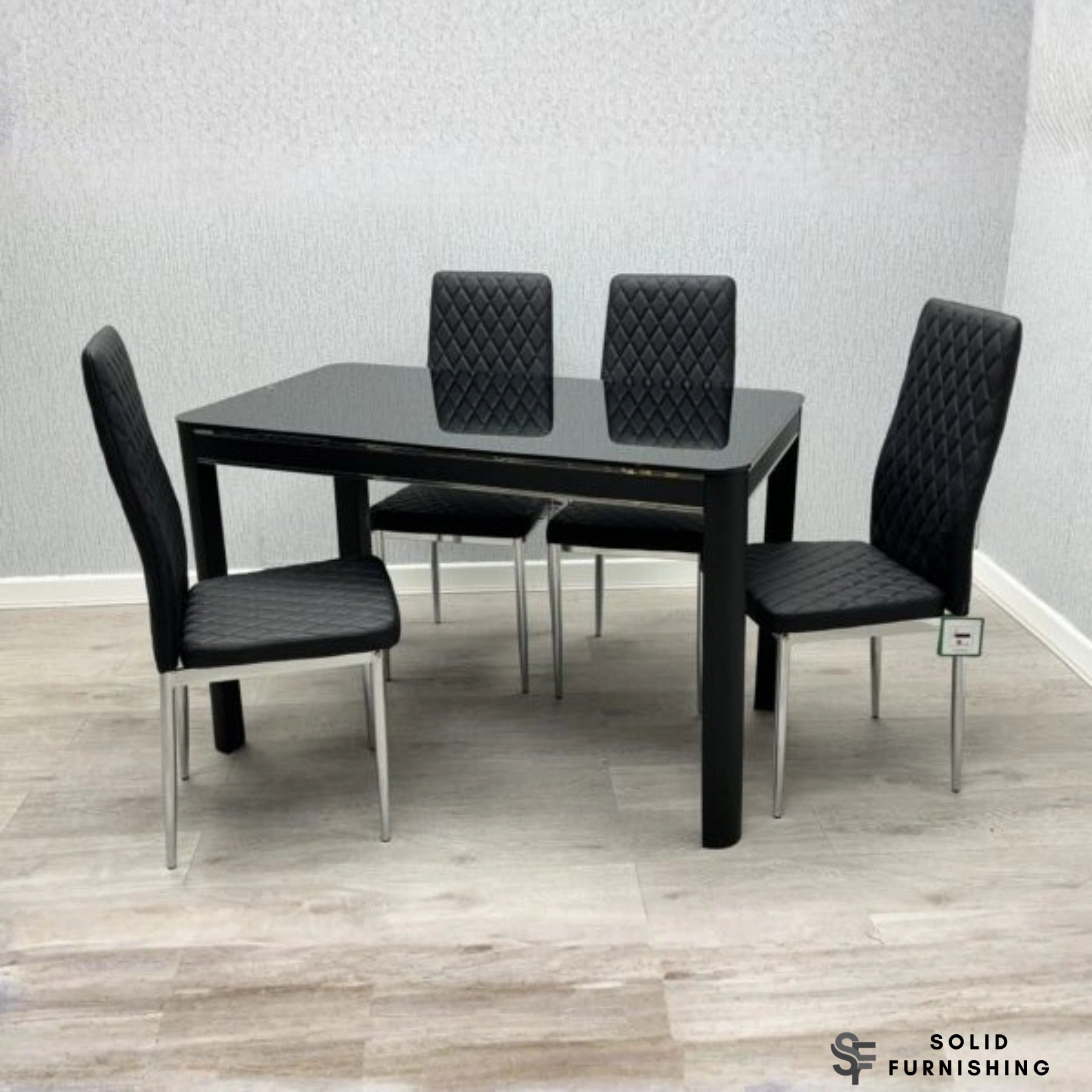 Morano 4 Seater Black Glass Dining Table Set with California PU Chairs – Affordable Modern Dining Set