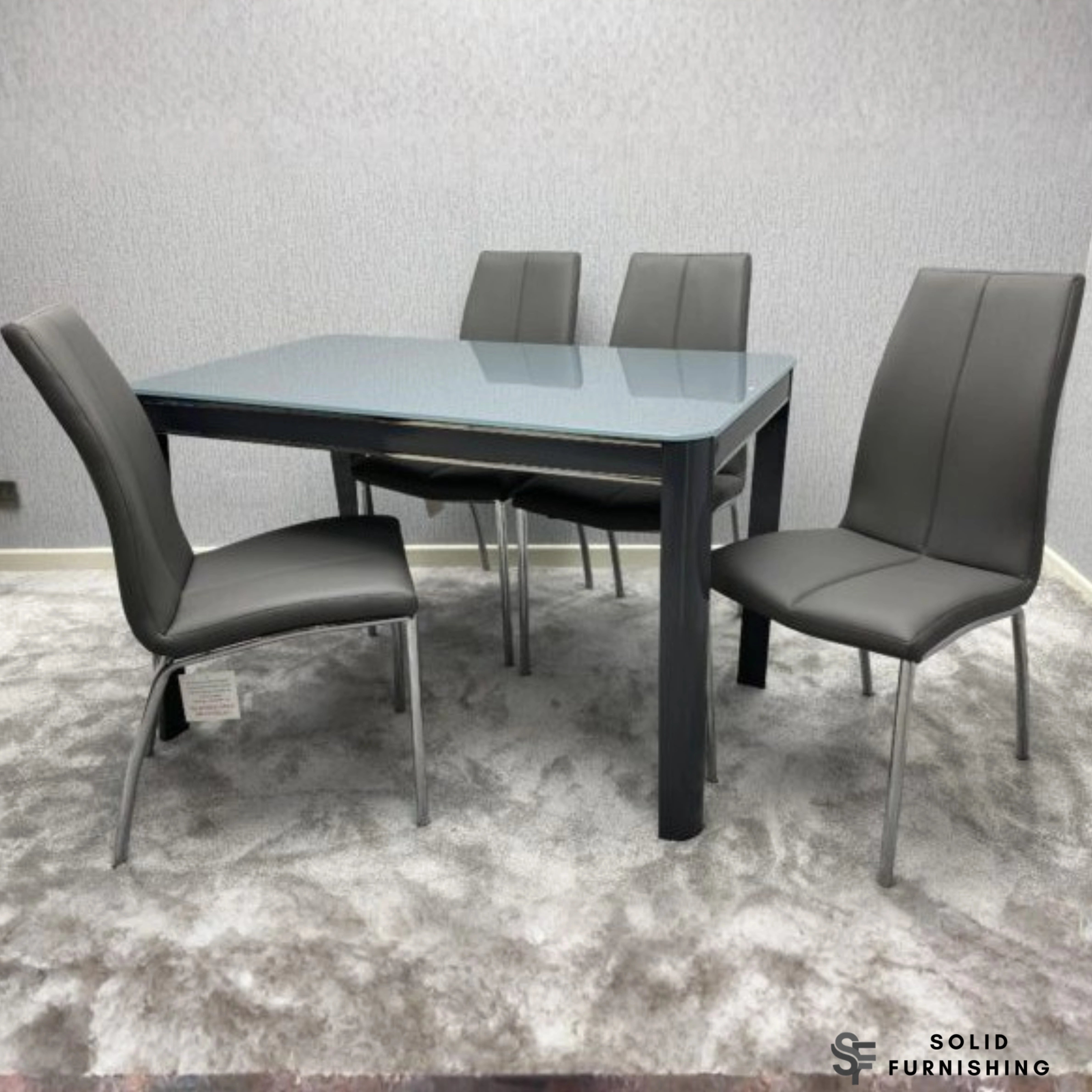Morano 4 Seater Grey Glass Dining Set with Carlo Chairs – Affordable Dining Set UK