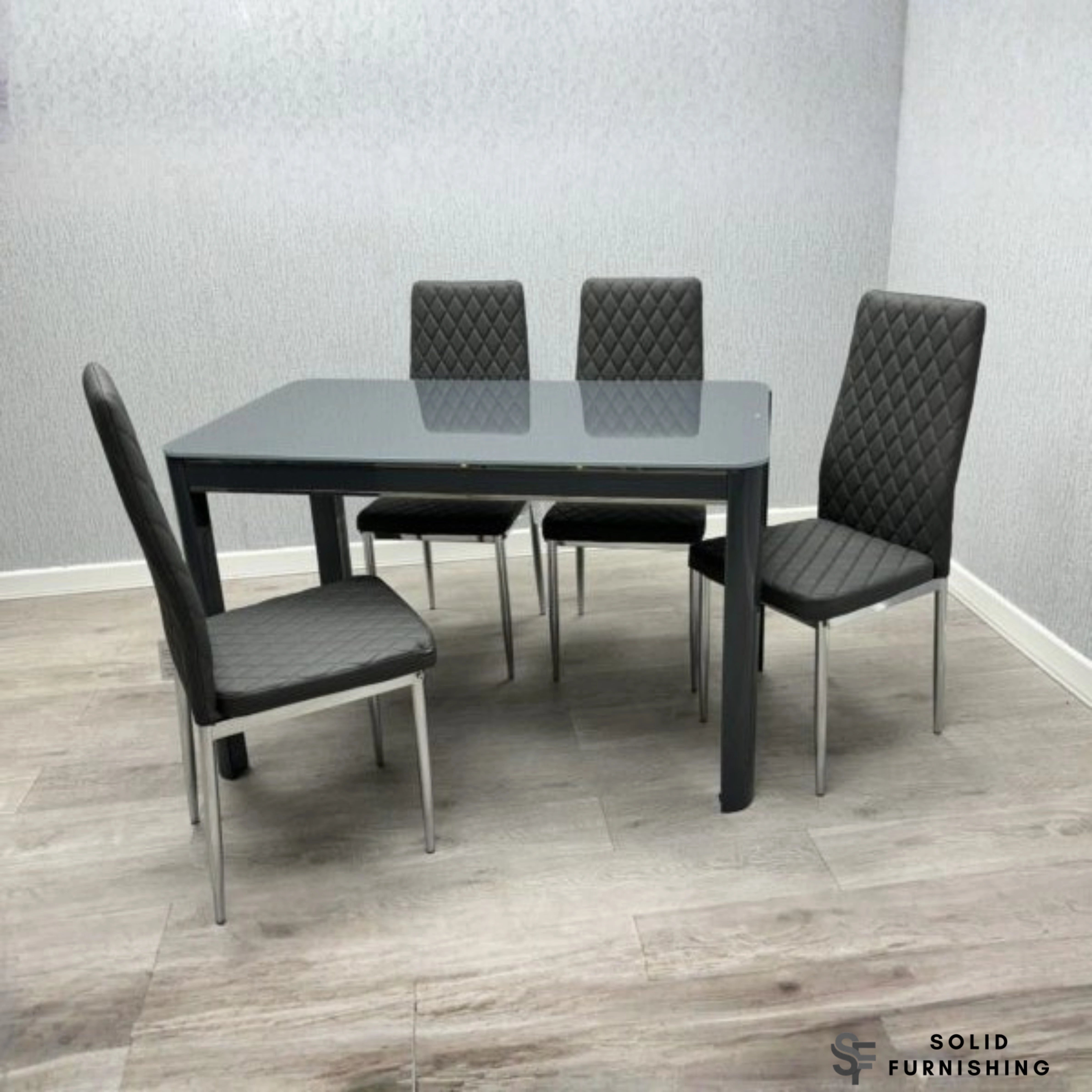 Morano 4 Seater Grey Glass Dining Table Set with California PU Chairs – Affordable Compact Dining Set
