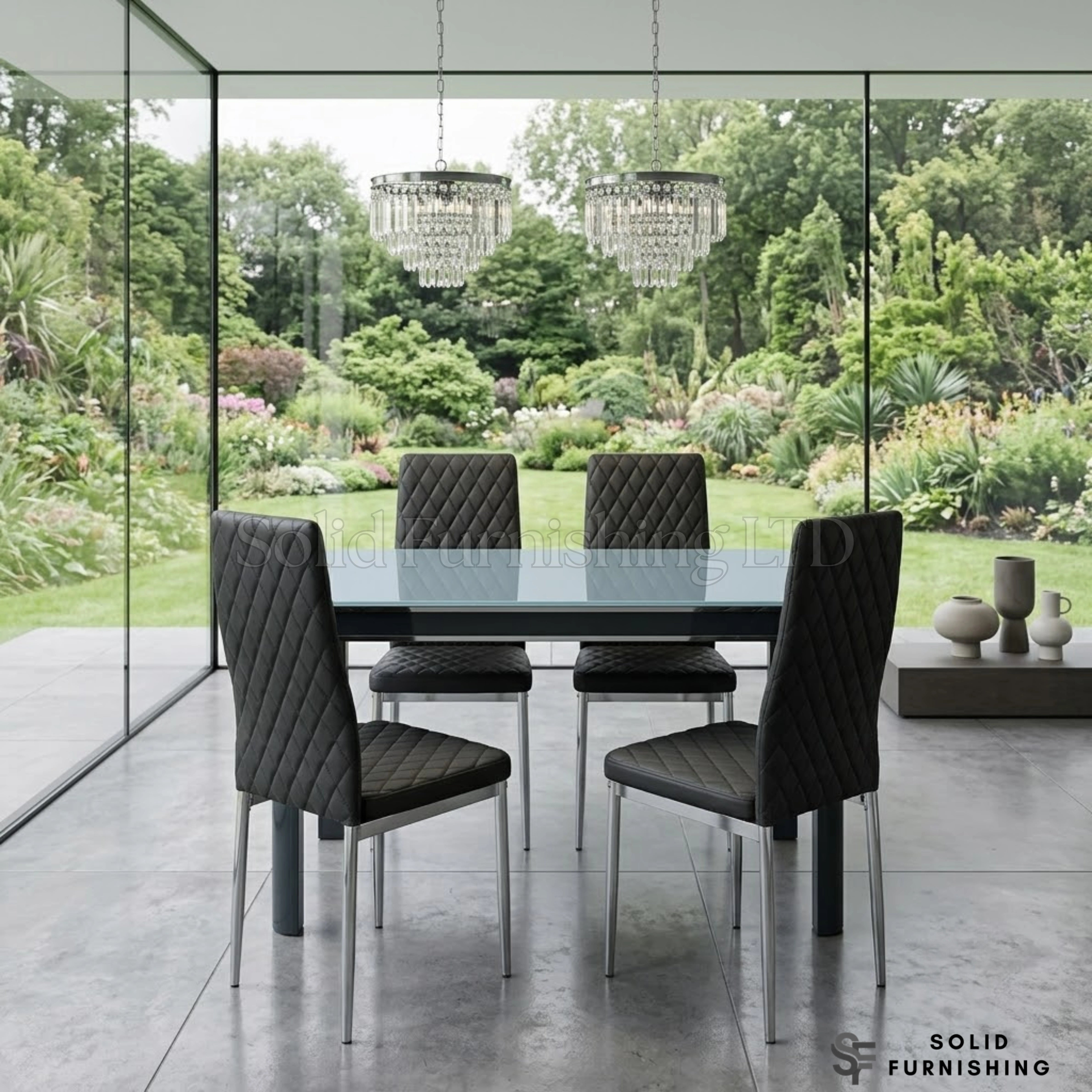 Morano 4 Seater Grey Glass Dining Table Set with California PU Chairs – Affordable Compact Dining Set
