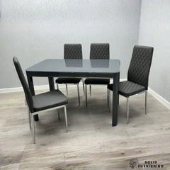 Morano 4 Seater Grey Glass Dining Table Set with California PU Chairs – Affordable Compact Dining Set