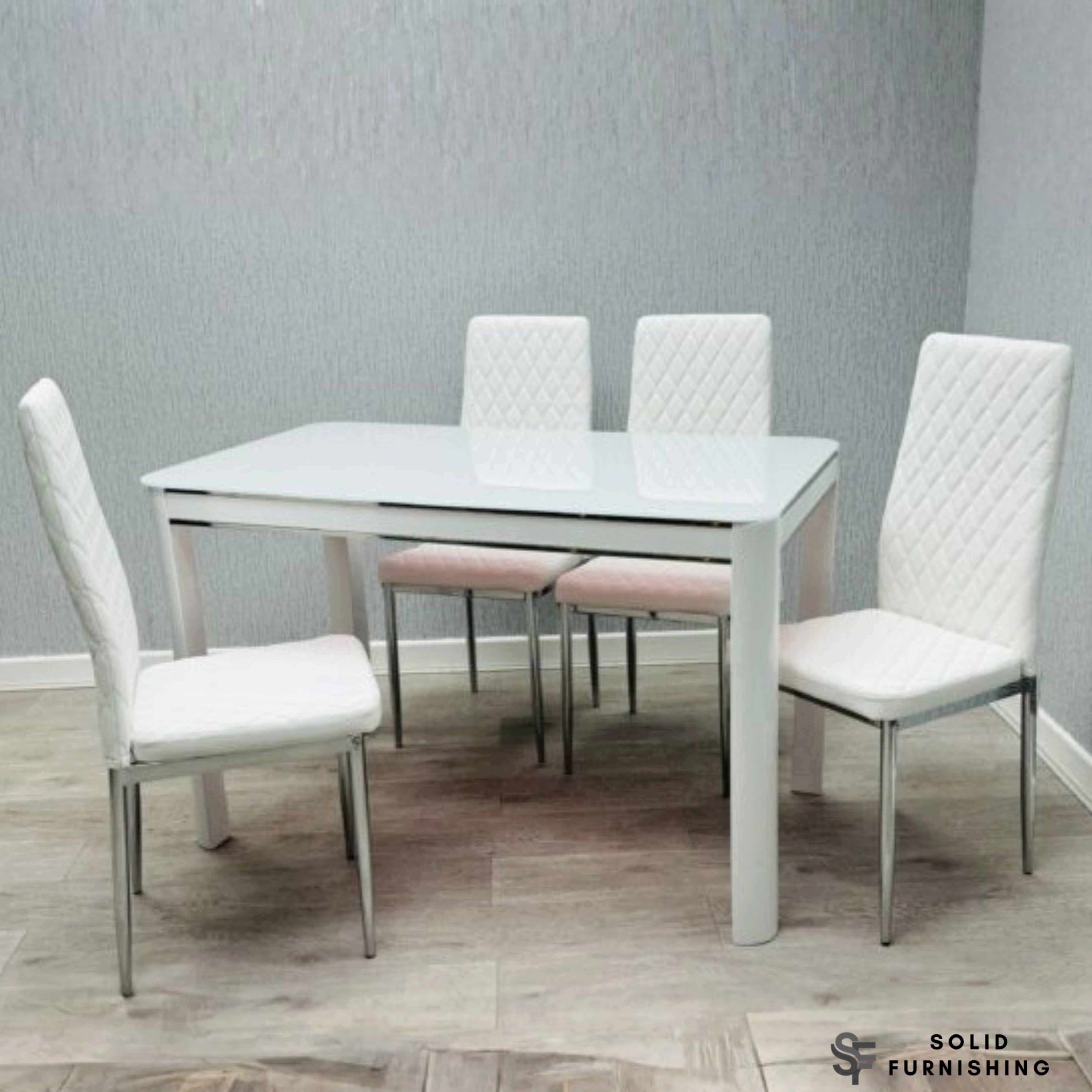 Morano 4 Seater White Glass Dining Table Set with California Chairs – Affordable Dining Set UK