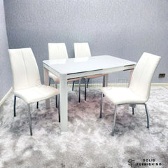 Morano 4 Seater White Glass Dining Table Set with Carlo White Chairs – Affordable Compact Dining Set