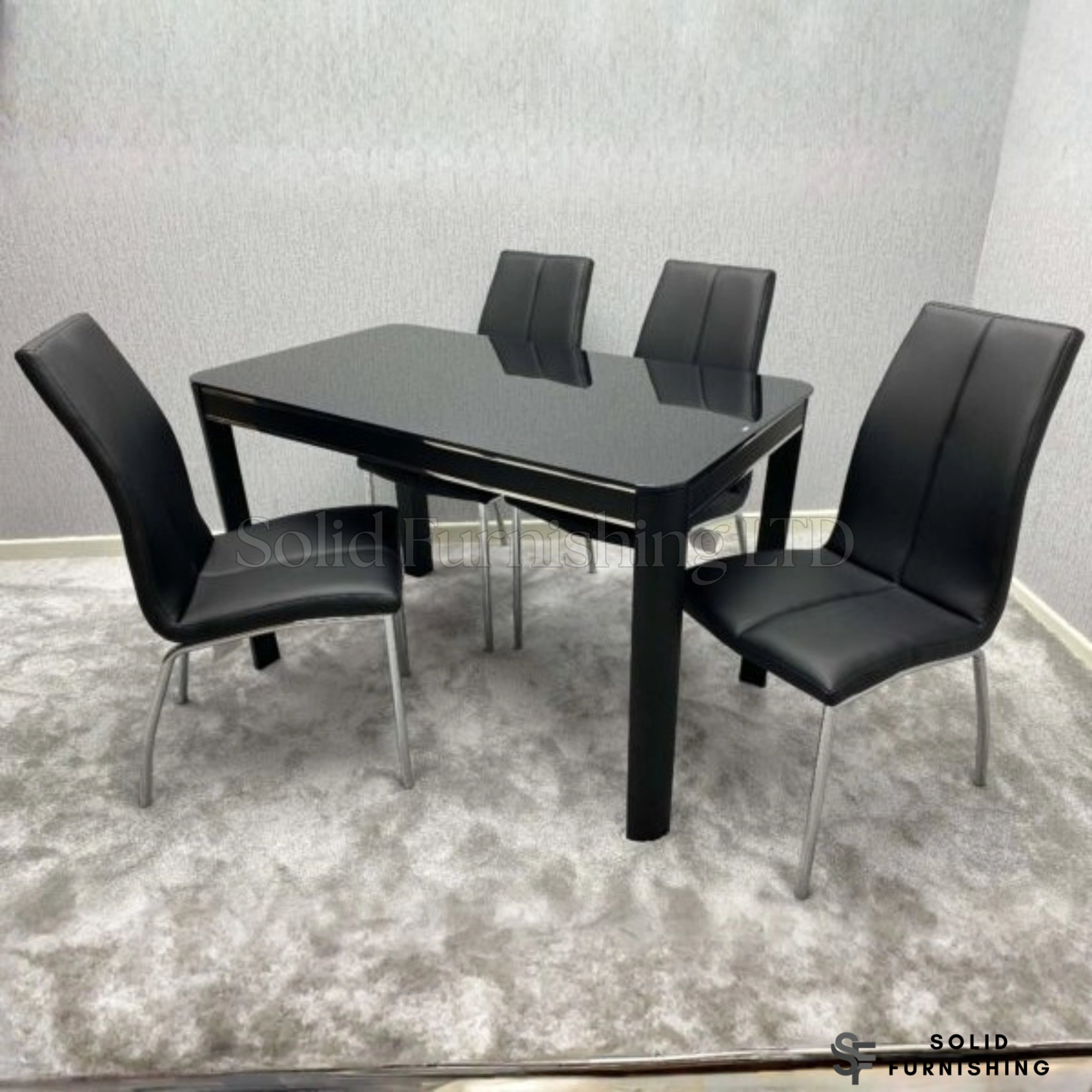 Morano Black Glass 4 Seater Dining Table Set with Carlo Black Chairs – Affordable Compact Dining Set