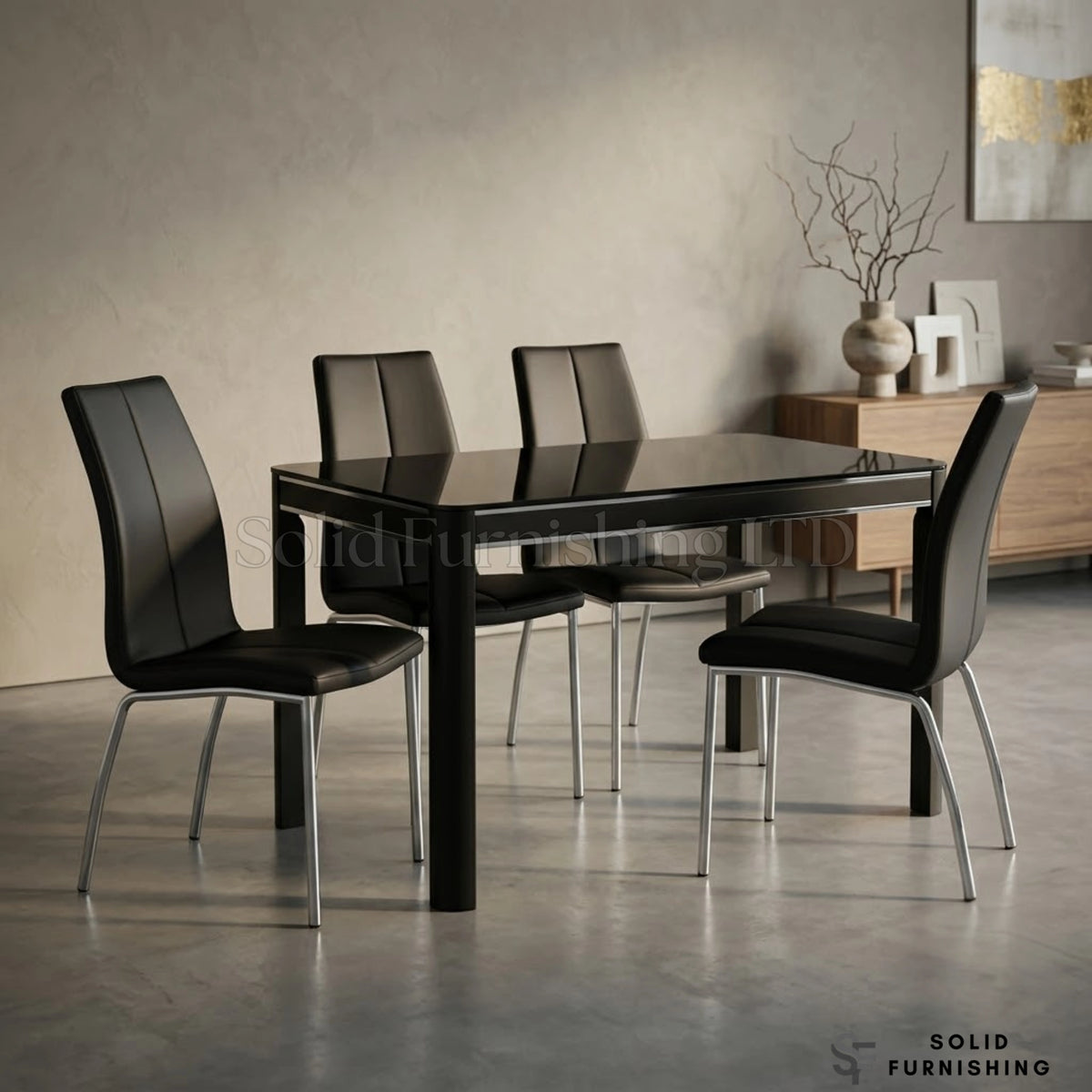 Morano Black Glass 4 Seater Dining Table Set with Carlo Black Chairs – Affordable Compact Dining Set