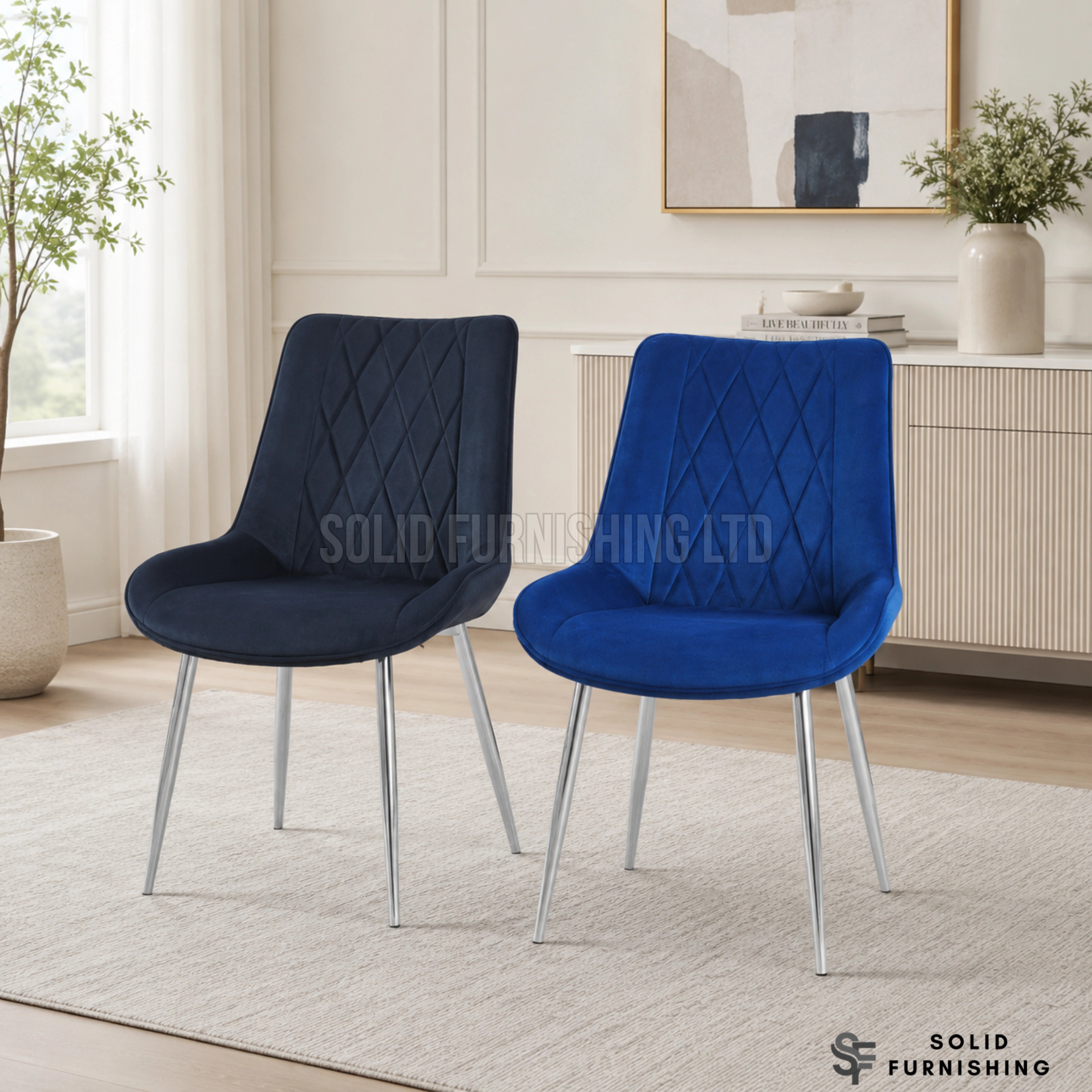 Mortiz Velvet Dining Chairs – Navy or Black with Chrome Legs (Set of 2)
