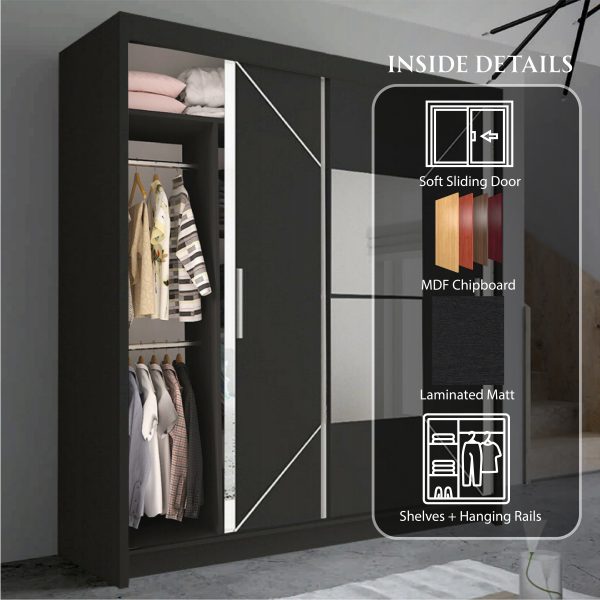 Nicole Black Sliding Wardrobe with Mirror Door – Modern Space Saving Bedroom Wardrobe