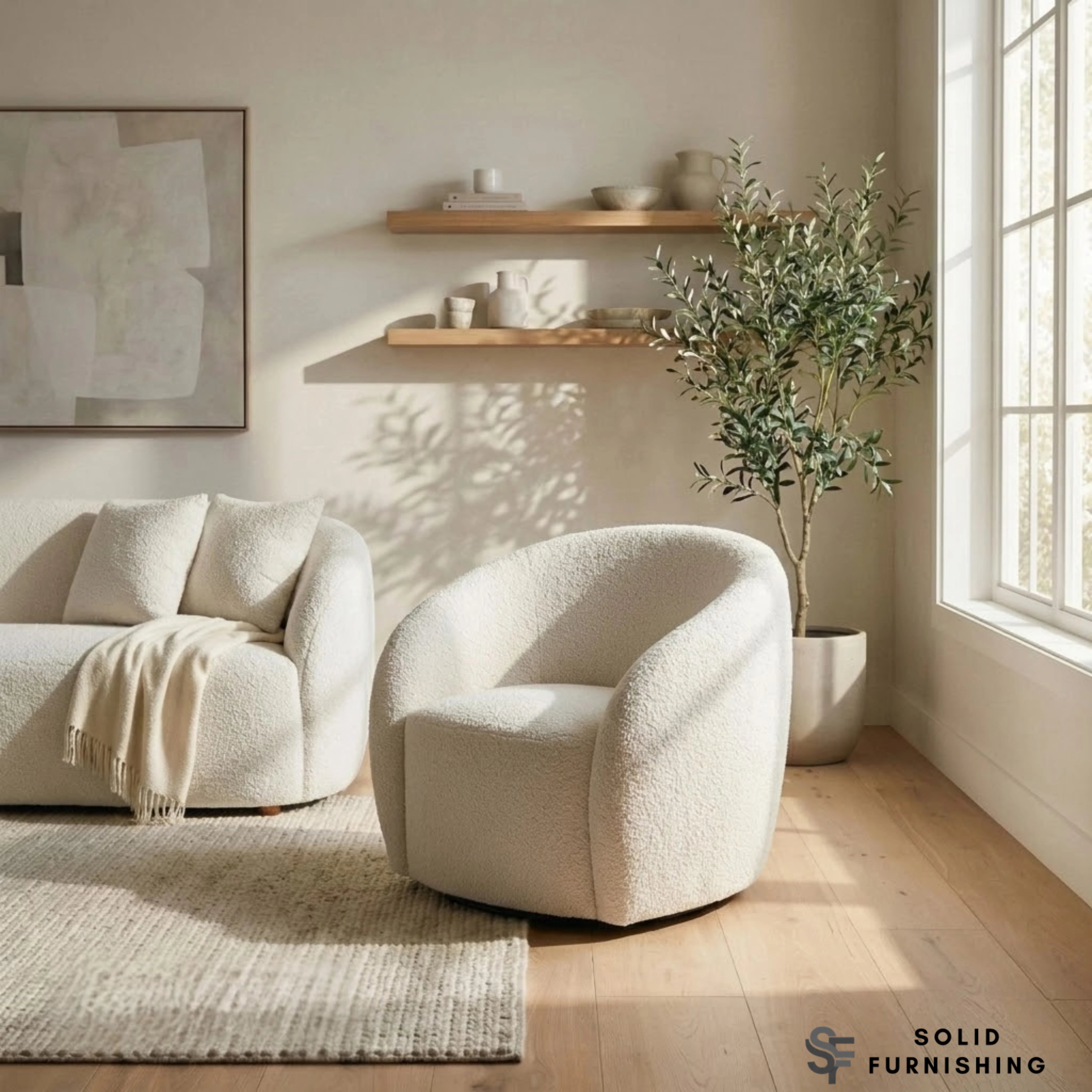 Nolita Swivel Accent Chair – Latte Grey Milk Teddy Bouclé | 360° Chair Organic Design