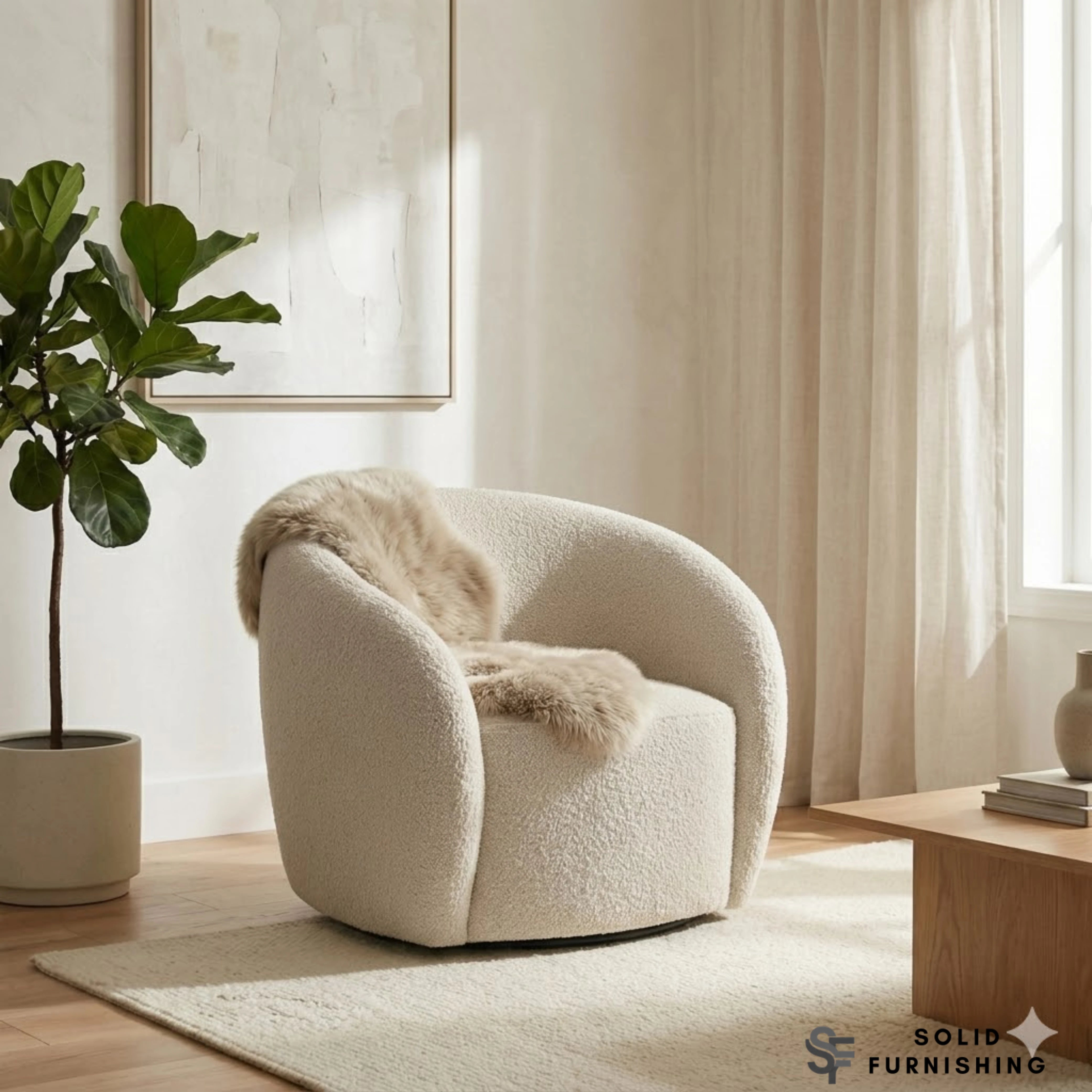 Nolita Swivel Accent Chair – Latte Grey Milk Teddy Bouclé | 360° Chair Organic Design
