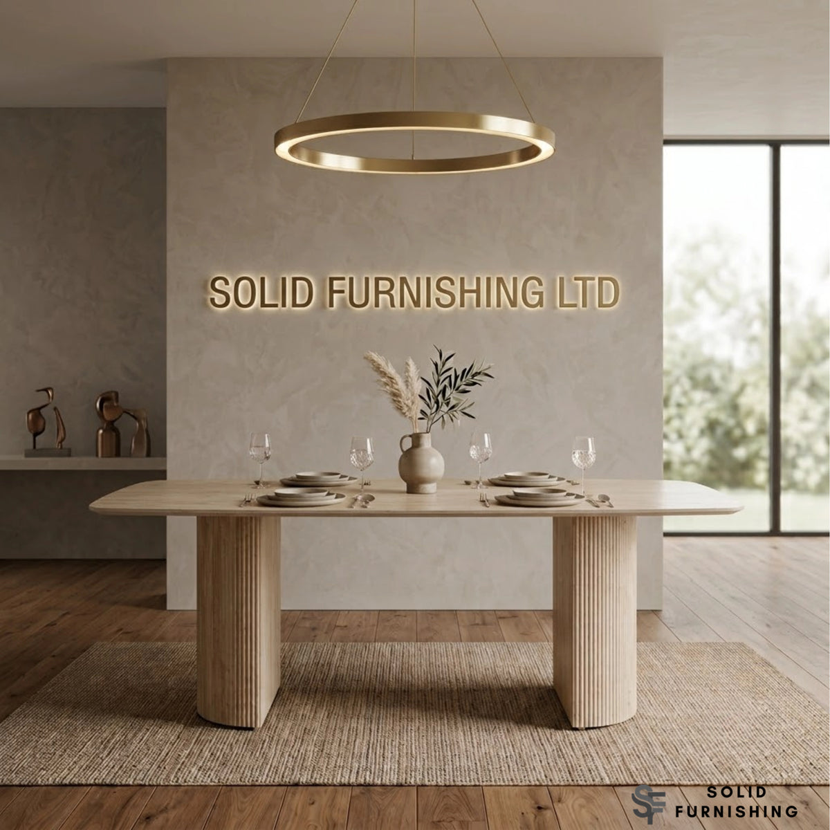Olympia 160cm Beige Ceramic Dining Table – Fluted Pedestal Modern Dining Table