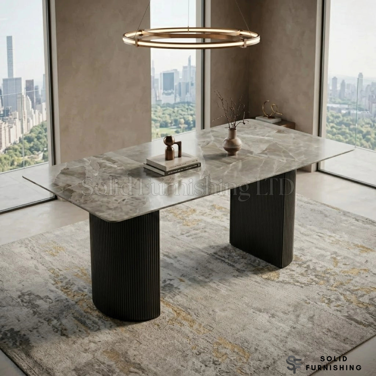 Olympia 160cm Grey Ceramic Dining Table – Modern Fluted Pedestal Dining Table