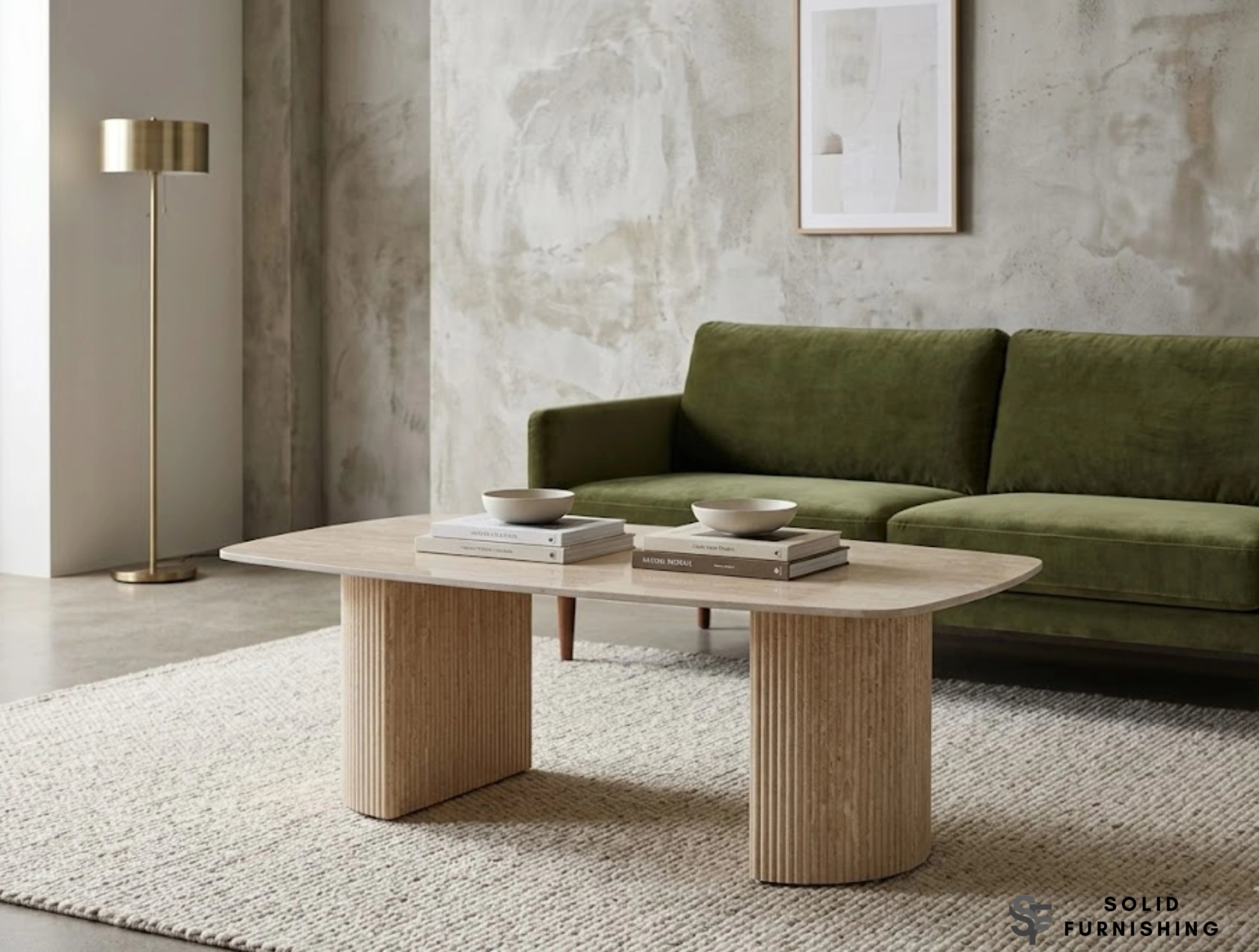 Olympia Beige Ceramic Coffee Table – Sintered Stone Ribbed Base Design