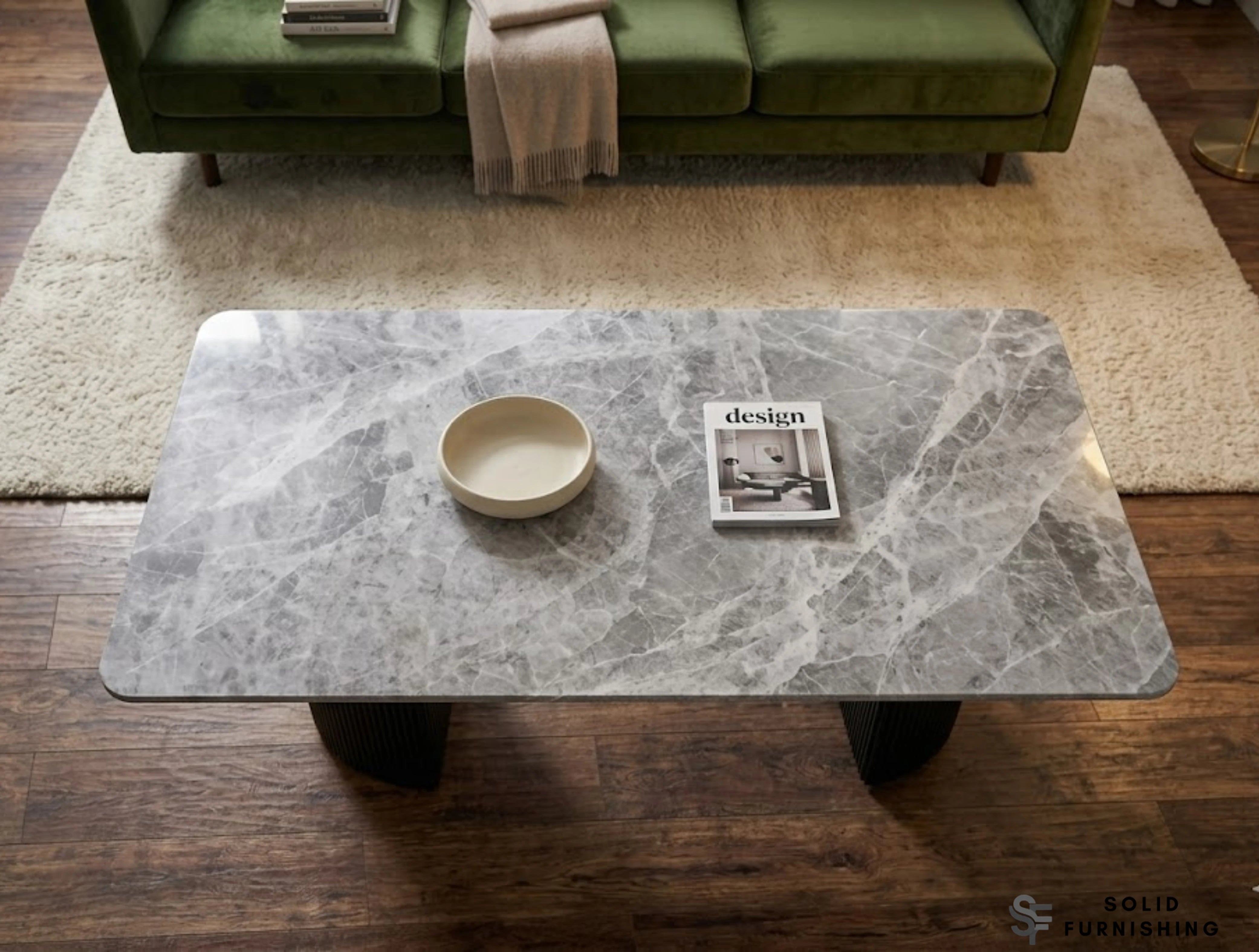 Olympia Grey Ceramic Coffee Table – Polished Sintered Stone Ribbed Base Table