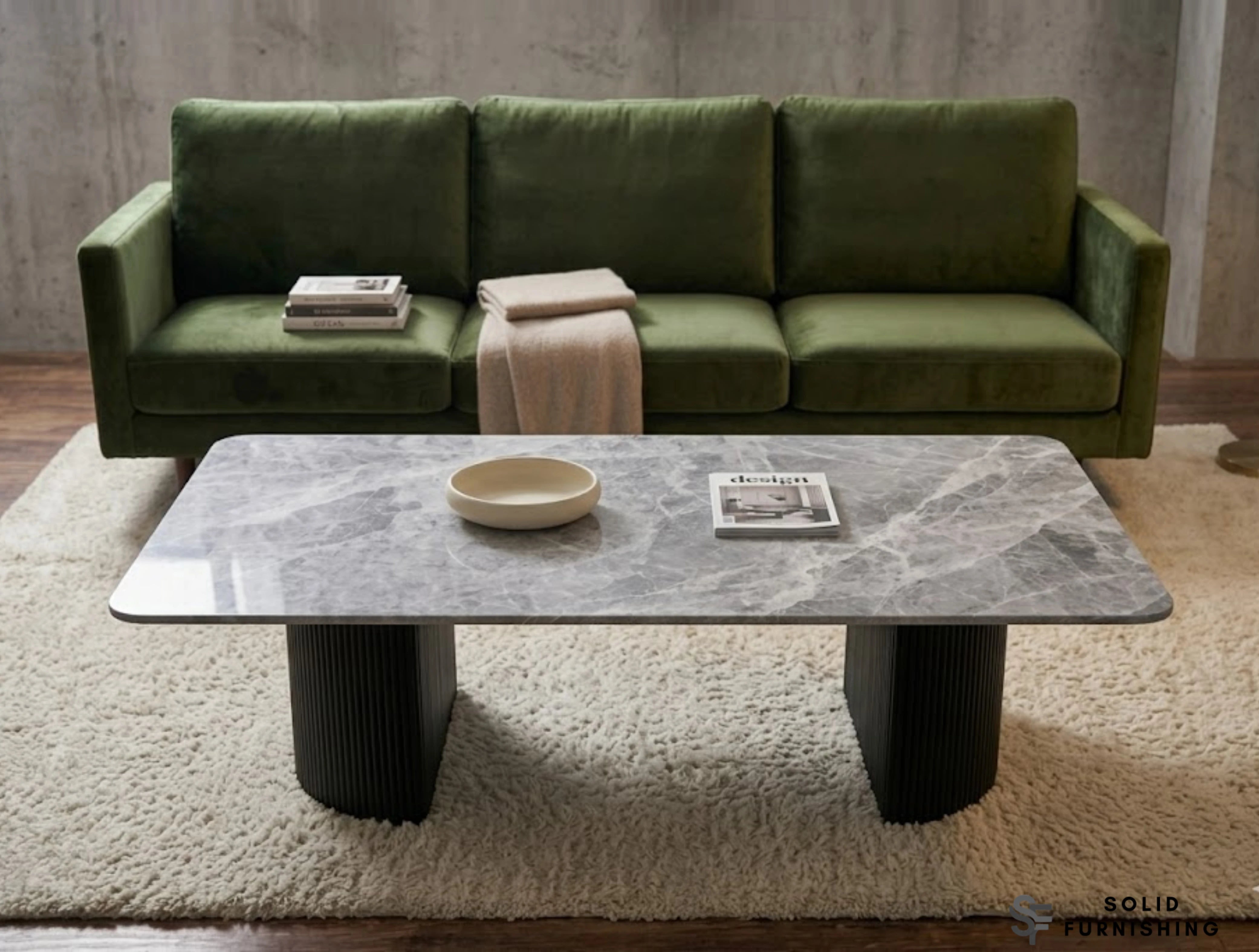 Olympia Grey Ceramic Coffee Table – Polished Sintered Stone Ribbed Base Table