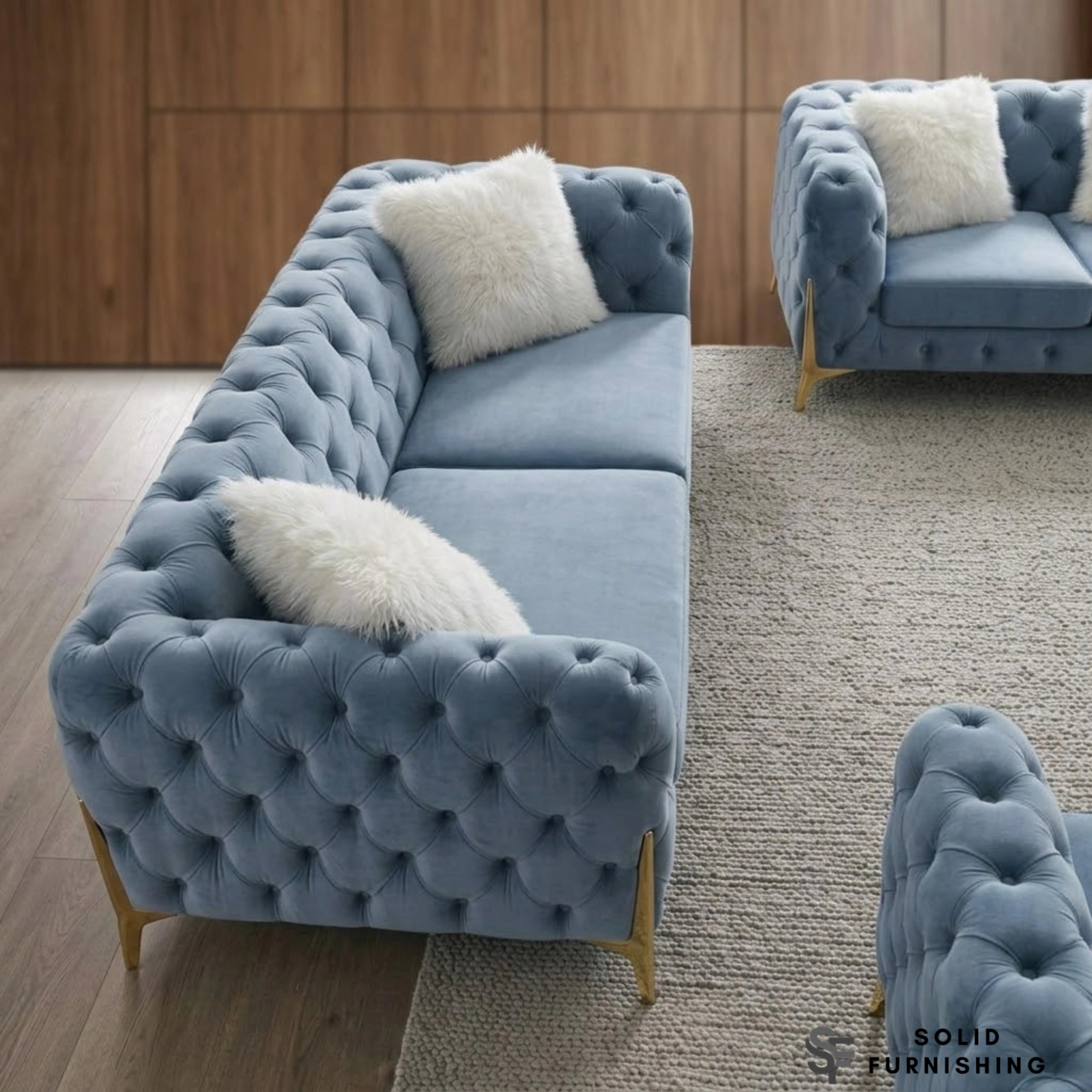 Paris Grey Shimmer Sofa Set – 3+2 Seater & Armchair | Chesterfield Velvet with Gold Legs