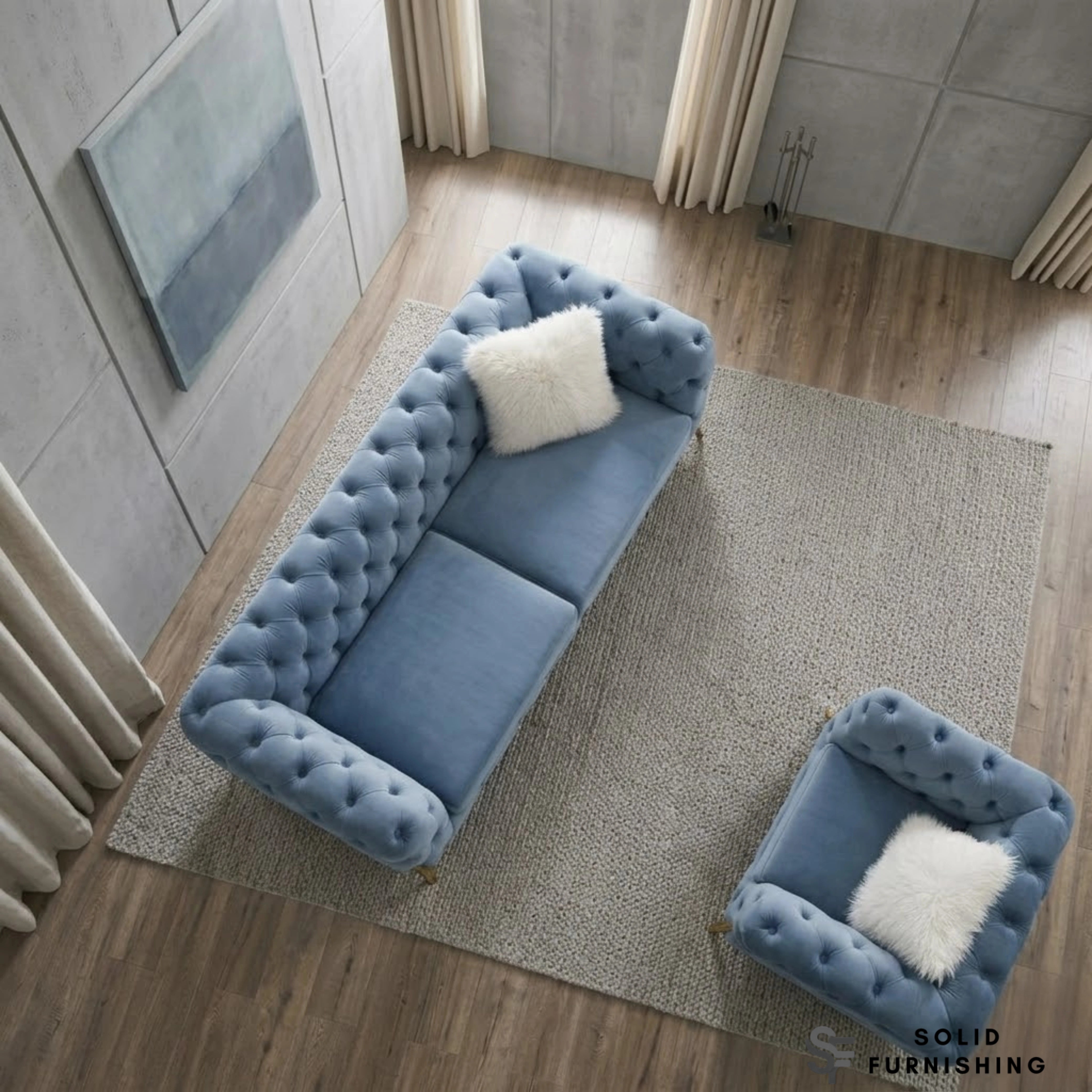 Paris Grey Shimmer Sofa Set – 3+2 Seater & Armchair | Chesterfield Velvet with Gold Legs
