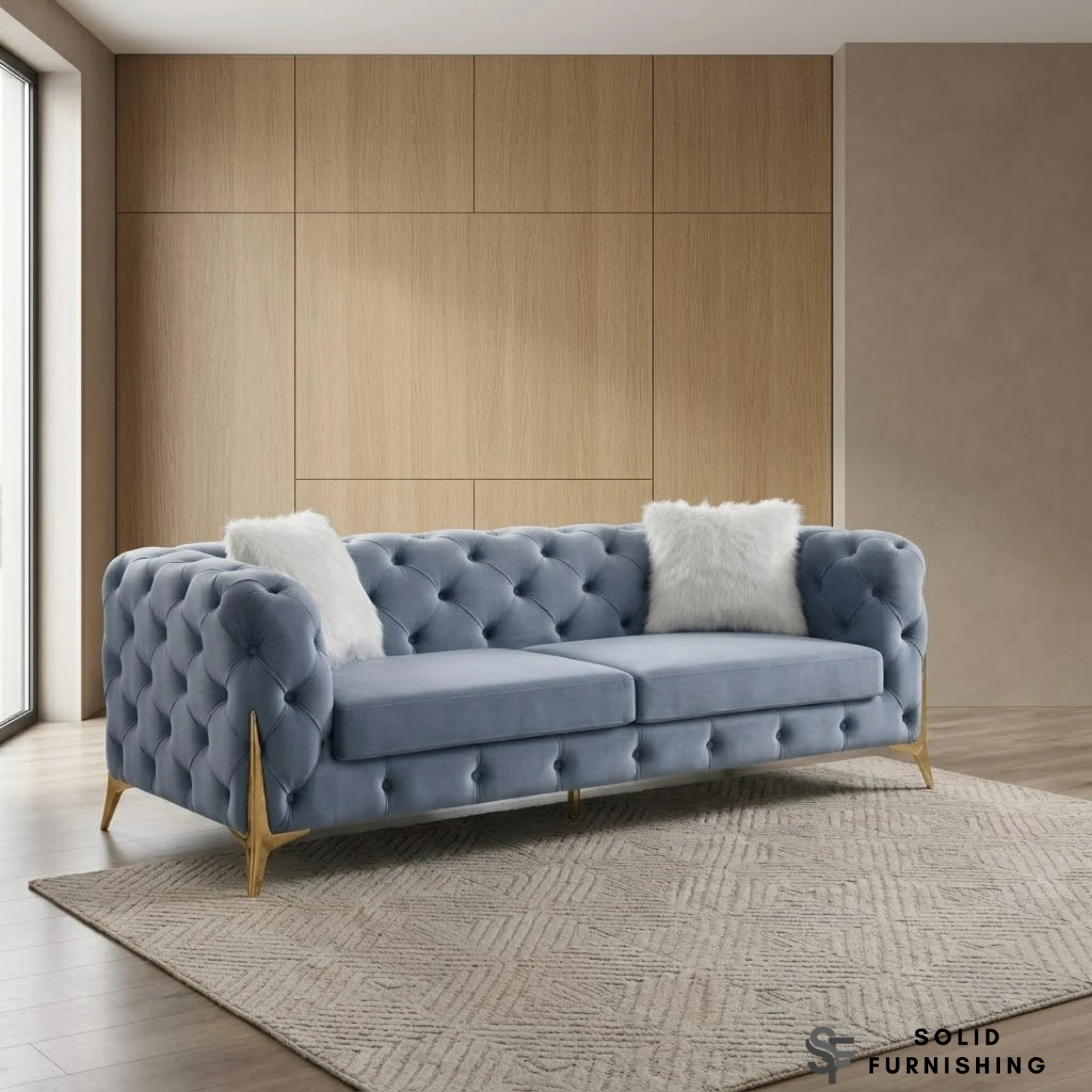 Paris Grey Shimmer Sofa Set – 3+2 Seater & Armchair | Chesterfield Velvet with Gold Legs